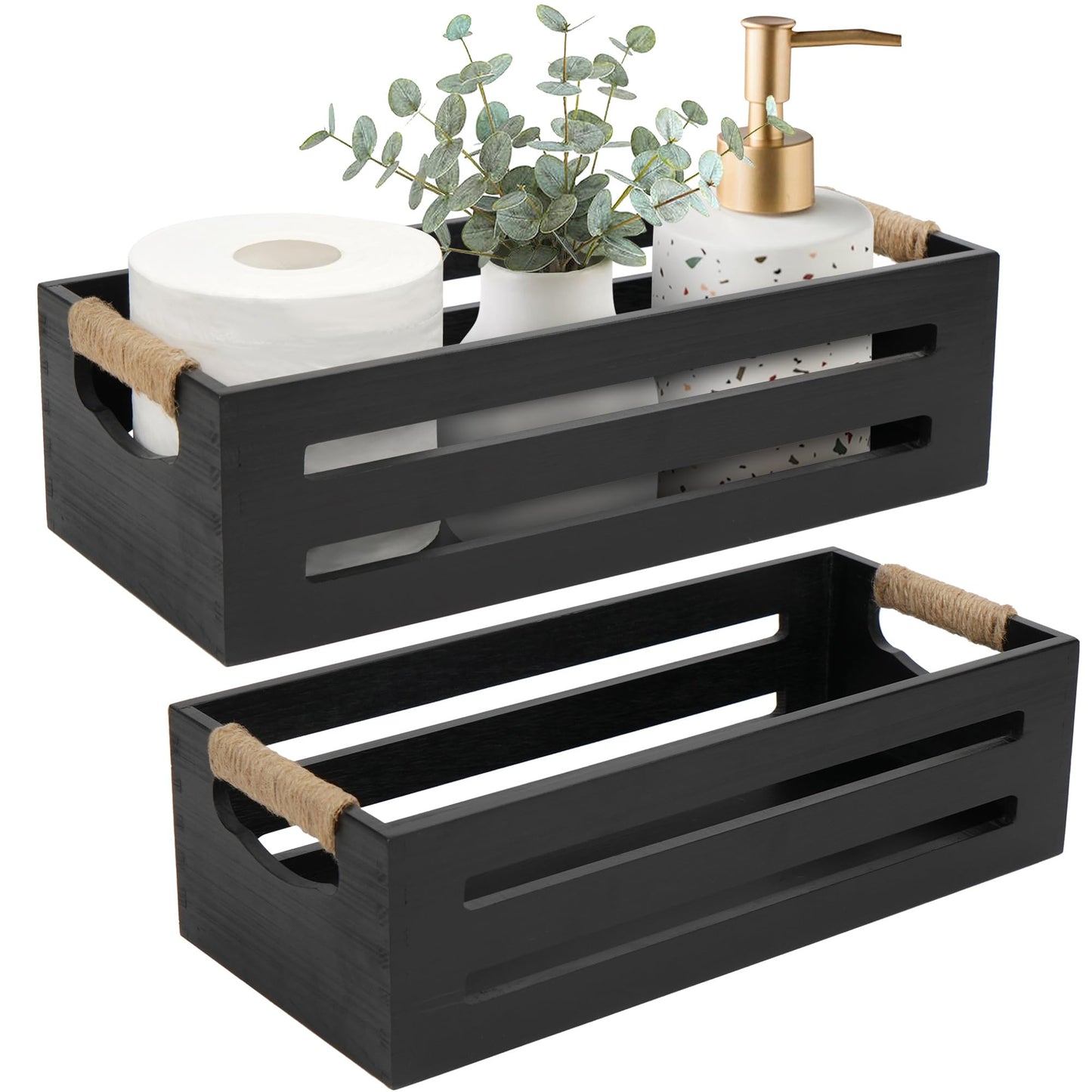 LotFancy Bathroom Decor Box, 2 Pack Toilet Tank Topper Basket, Wooden Bathroom Basket, Back of Toilet Storage Basket, Black Farmhouse Toilet Paper Holder