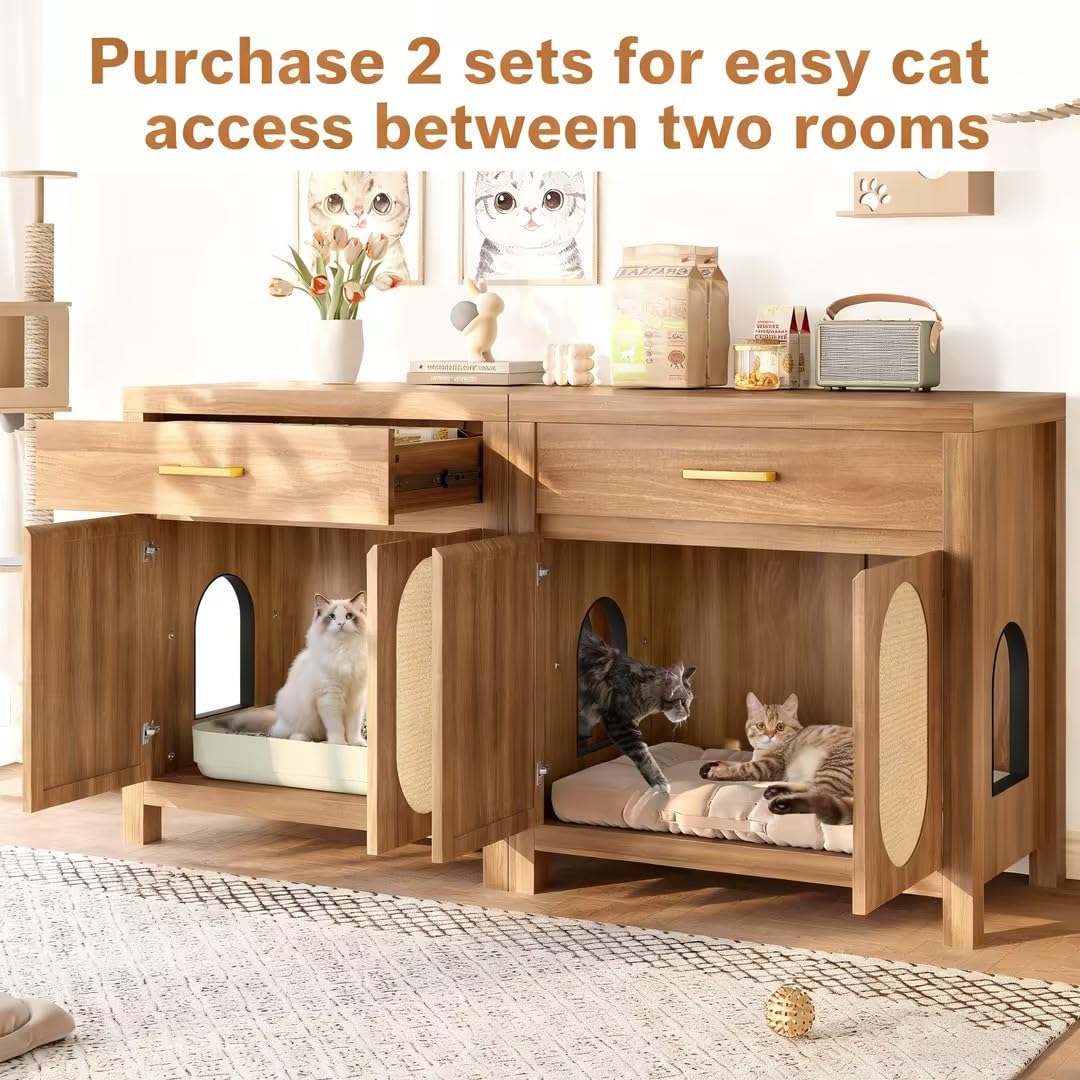 Hidden Cat Litter Box Enclosure Furniture with Scratching Board Doors and Storage Drawer, Wooden Washroom Cat House Cabinet Side Table Nightstand for Living Room, Espresso