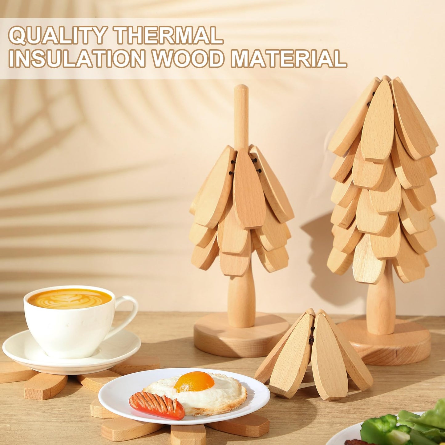 Yerliker Tree Coasters Set of 12, Wooden Trivets for Hot Dishes, Stackable Trivet Set with Stand, Foldable Beech Wood Tree Table Mat Coaster Holder for Kitchen Counter Pots Pans Plates Pad