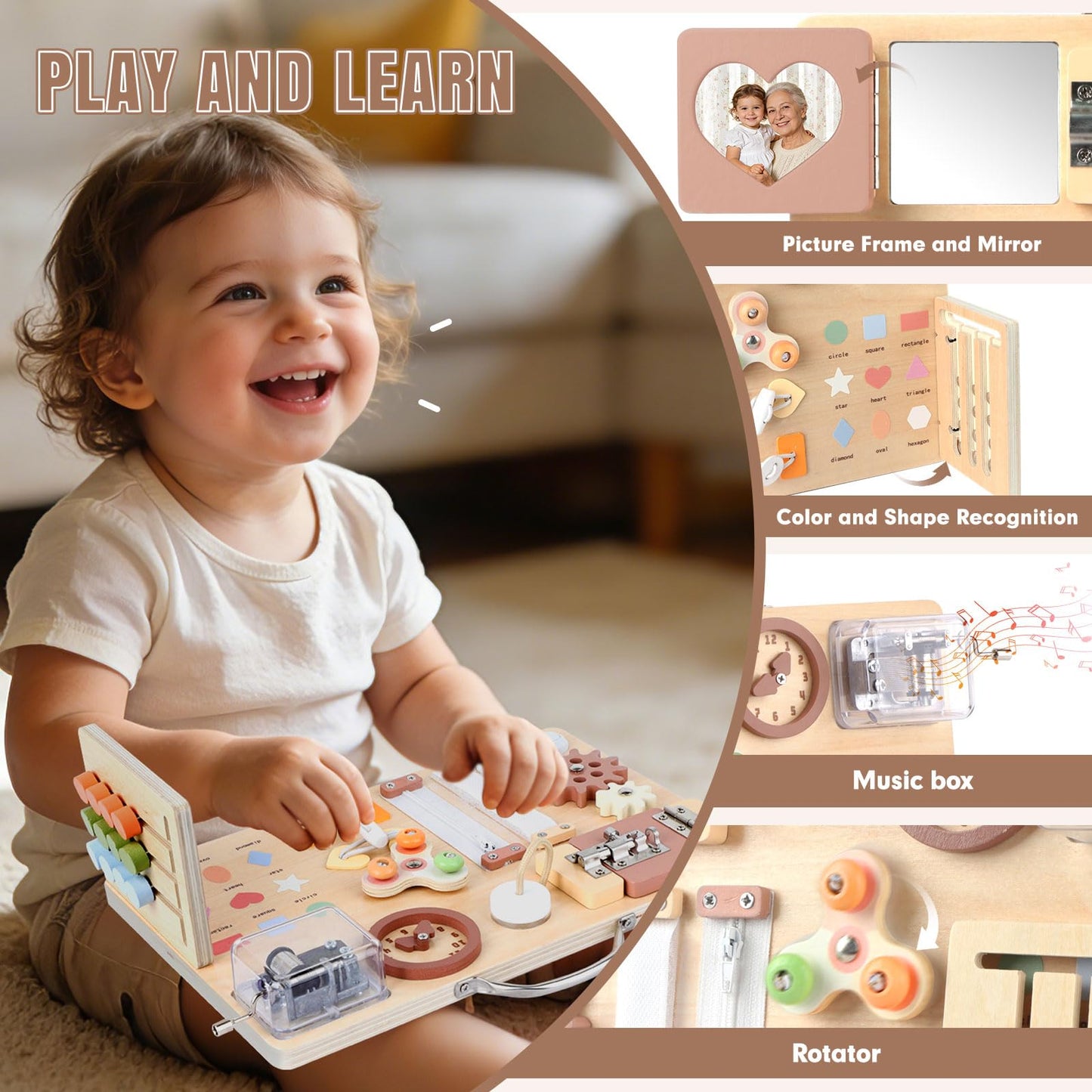 Hoarosall Montessori Busy Board for Toddlers 16-in-1 Wooden Sensory Activity Board with Music Box Fine Motor Skills Learning Toy Preschool Educational Travel Gift for Boys Girls Ages 1-3