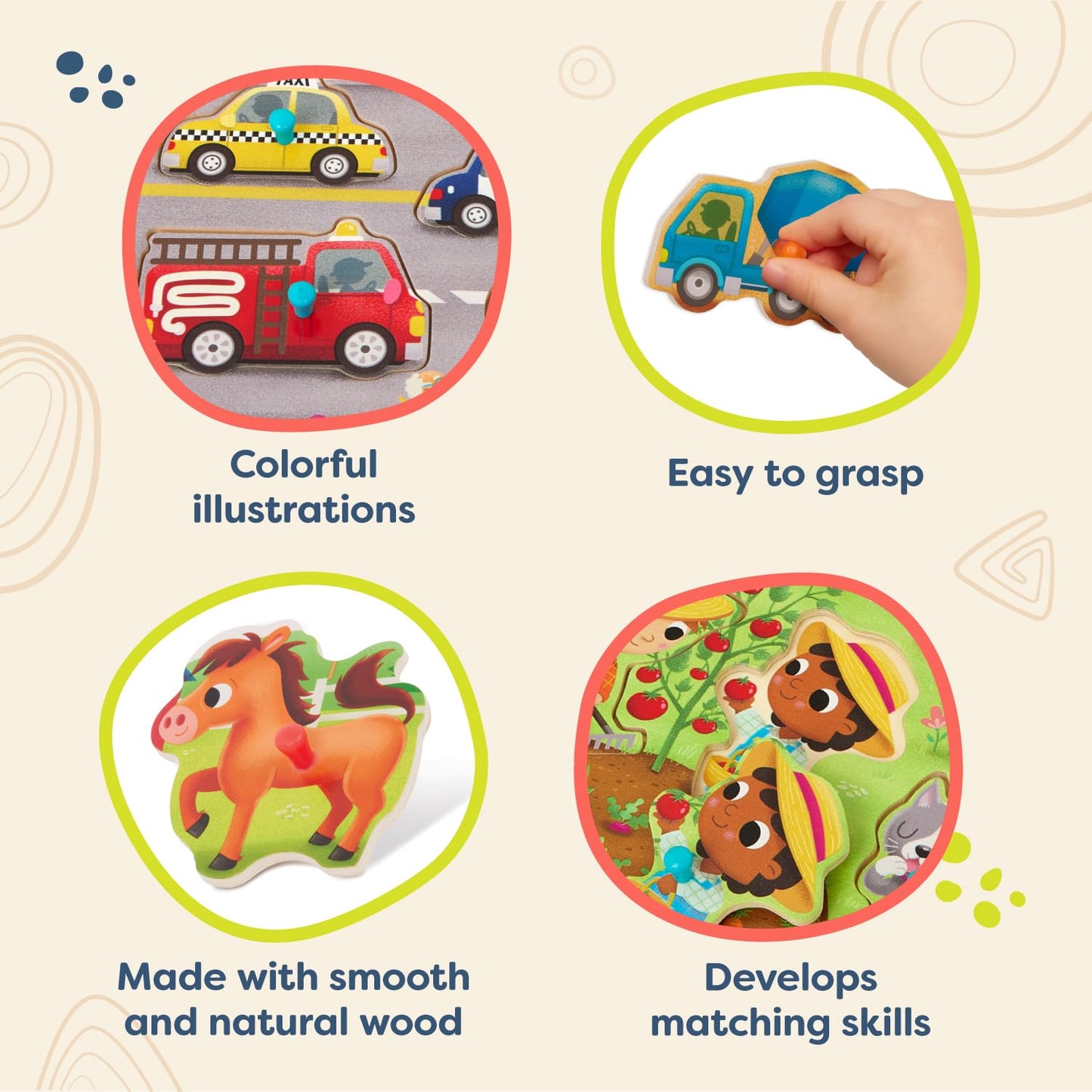 B. toys – Peek & Explore Puzzle 4-Pack – Wood Toys for Toddlers, Kids – 8 Pieces Each – Vehicles, Trucks, Animals, Barnyard – 2+ Years