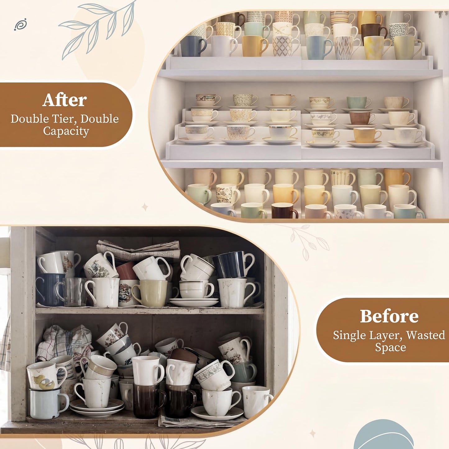 Novabright 1 Pcs 3-tier Expandable Mug Holder Coffee Mug Organizer No Assembly More Space Countertop for Spice Rack Shelf Risers Figures Dessert Shelves and Kitchen Cabinets (White)