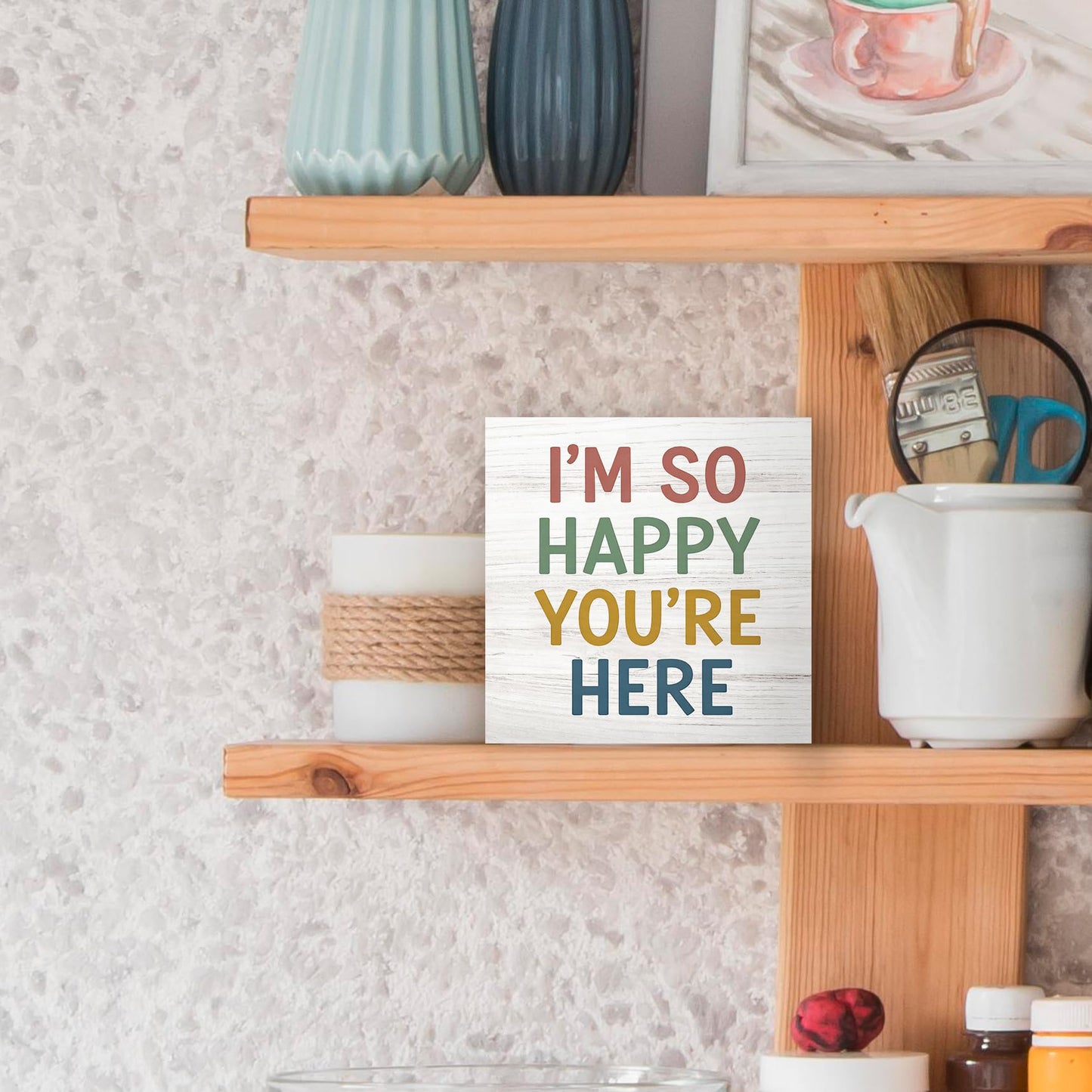 Luipk Boho Classroom Wood Box Sign Desk Decor 5X5, I'm So Happy You're Here Wooden Block Sign Decorations for Kids Nursery Room Bedroom Playroom Classroom Desk Table Wall Tabletop Shelf Decor