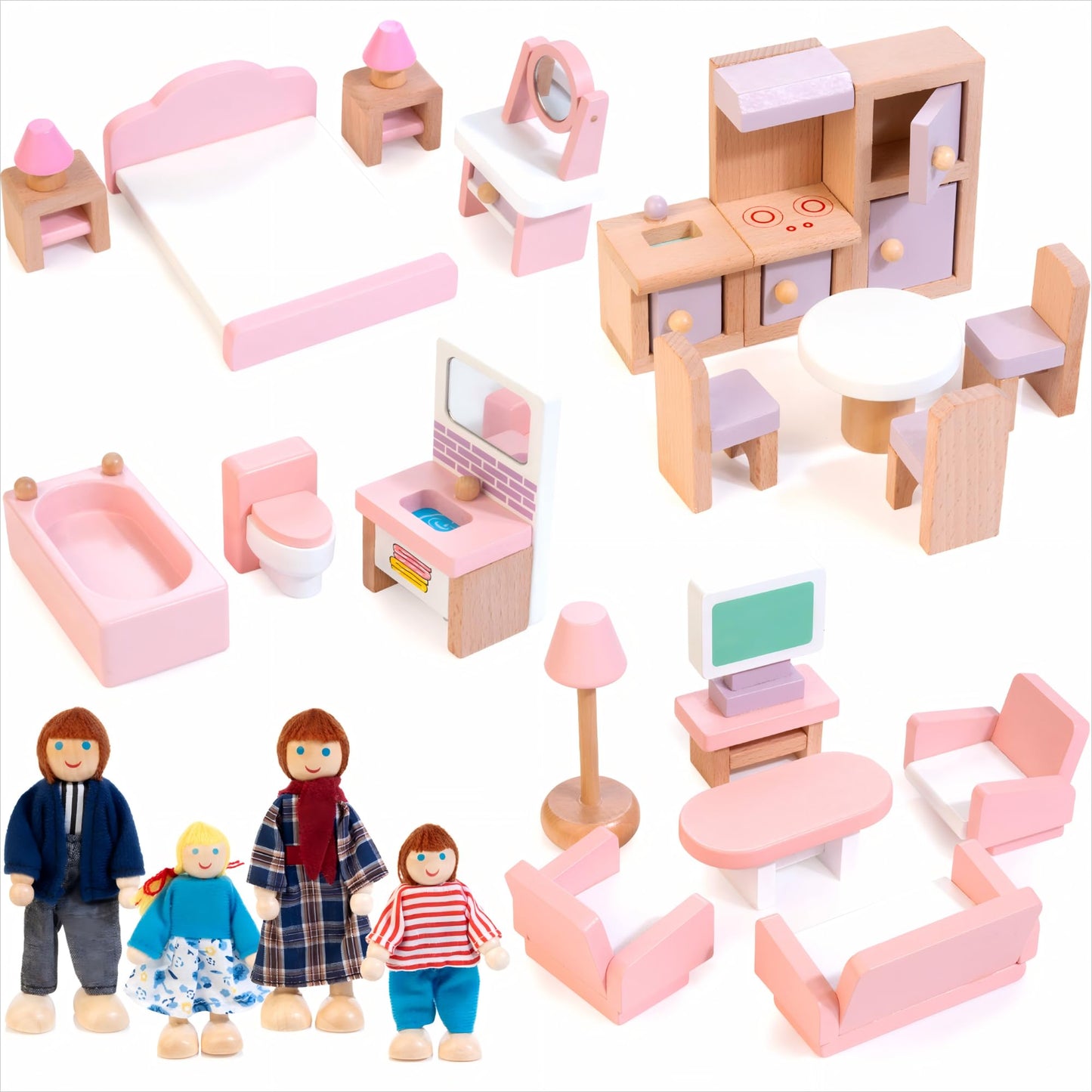 Kizfarm Wooden Dollhouse Furniture Set and Wooden Vanity Set for Kids