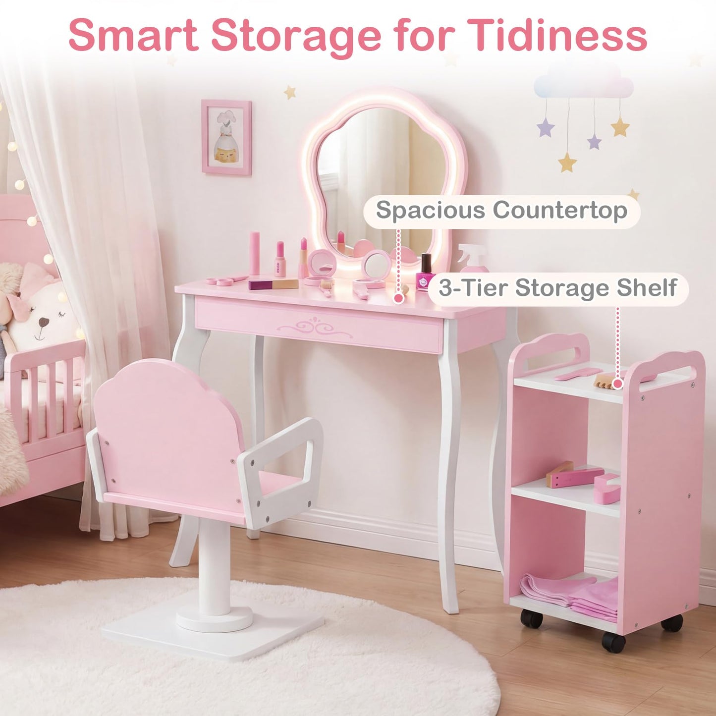 Olakids Kids Vanity with Lights and Barber Chair, Wooden Princess Makeup Dressing Desk with Mirror, Storage Shelf, Toy Accessories, Toddler Table and Chair Set Pretend Playset for Girls Aged 3+