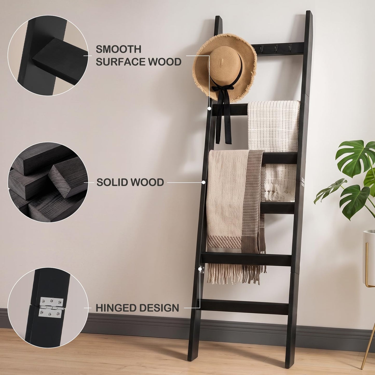 TEAKMAMA 6-Tier Blanket Ladder for Living Room and Bedroom,5.4 Ft Wall Leaning Quilt Rack with Hooks,Rustic Decorative Farmhouse Blanket Storage,Stylish Ladder Holder,Christmas Decorations,Black