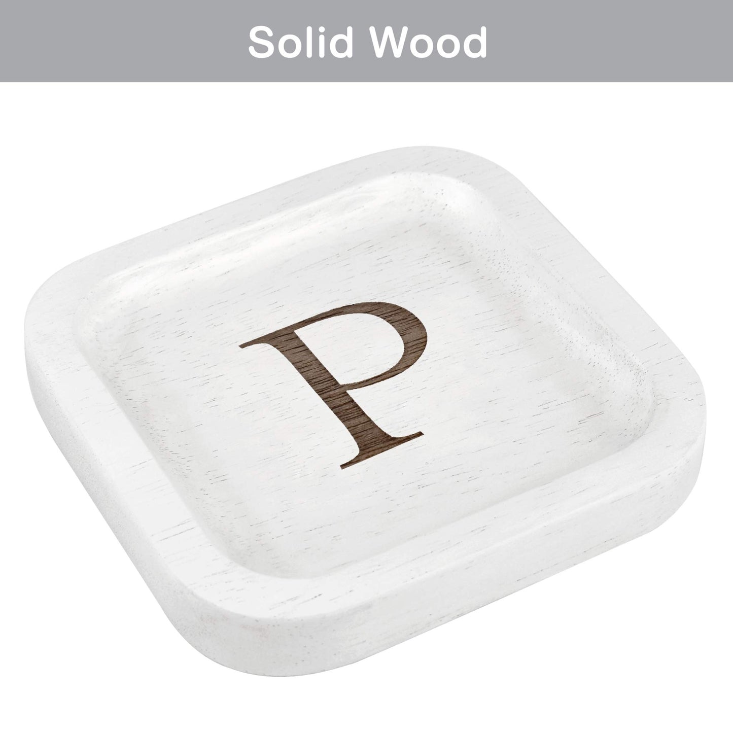 I'm Wooden Personalized Letter Catchall Valet Tray Trinket Dish Jewelry Tray Key Bowl Decorative Plate Organizing Ring Earrings Necklaces Bracelet Watch Coins Wallet Holder (6"x6" Sq White P)