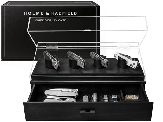 Premium Pocket Knife Display Case for 10 Knives - Wooden Knife Organizer, Storage & Holder with Unique Pillars, Hinged Cover, Drawer - Knife Collection Box - Handcrafted Father's Day Present for Men