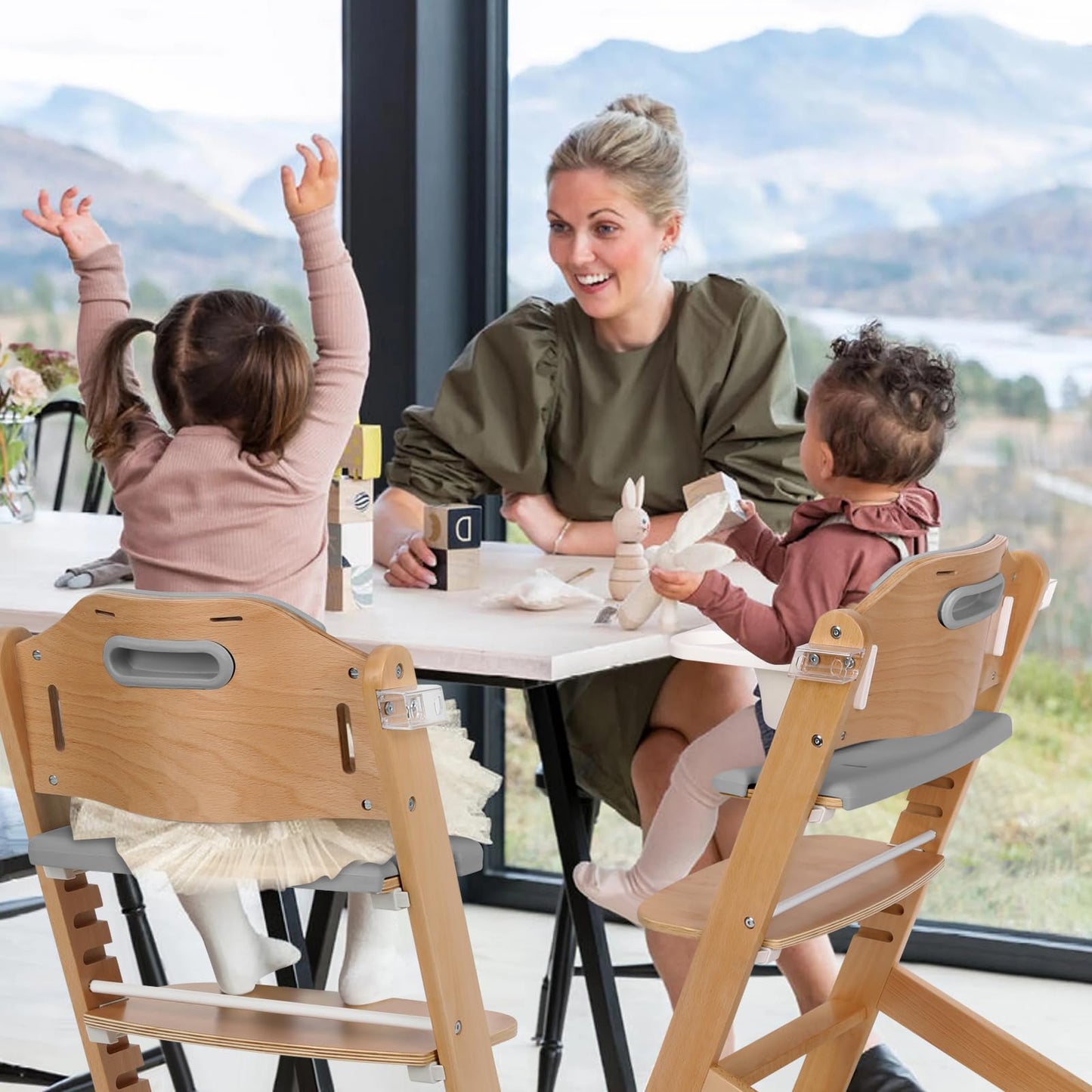 Cowiewie 3-in-1 Convertible Natural Wooden High Chair for Babies & Toddlers 3-Tier Remove & 2 Adjustable Wood Tray & 8 Levels Adjustable, 2 Waterproof Cozy Cushions Grey
