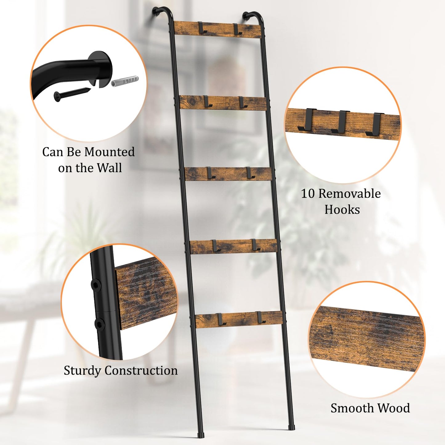 NOMISPADVIC Blanket Ladder for Living Room Towel Ladder for Bathroom Decorative Quilt Rack for Home Decor 5-Tier Throw Blanket Holder with 10 Hooks, Rustic Brown and Black