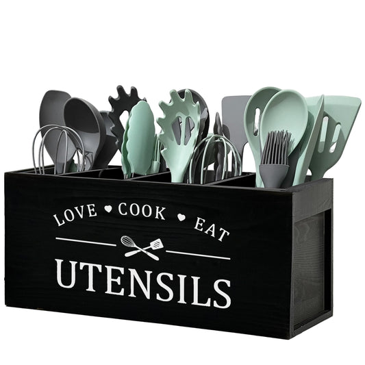Extra Large Kitchen Utensils Holder with 4 Compartments, Wooden Storage Utensil Holder Organizer for Counter or Countertop, Farmhouse Decor, Rustic Cooking Utensil Kitchen Tool