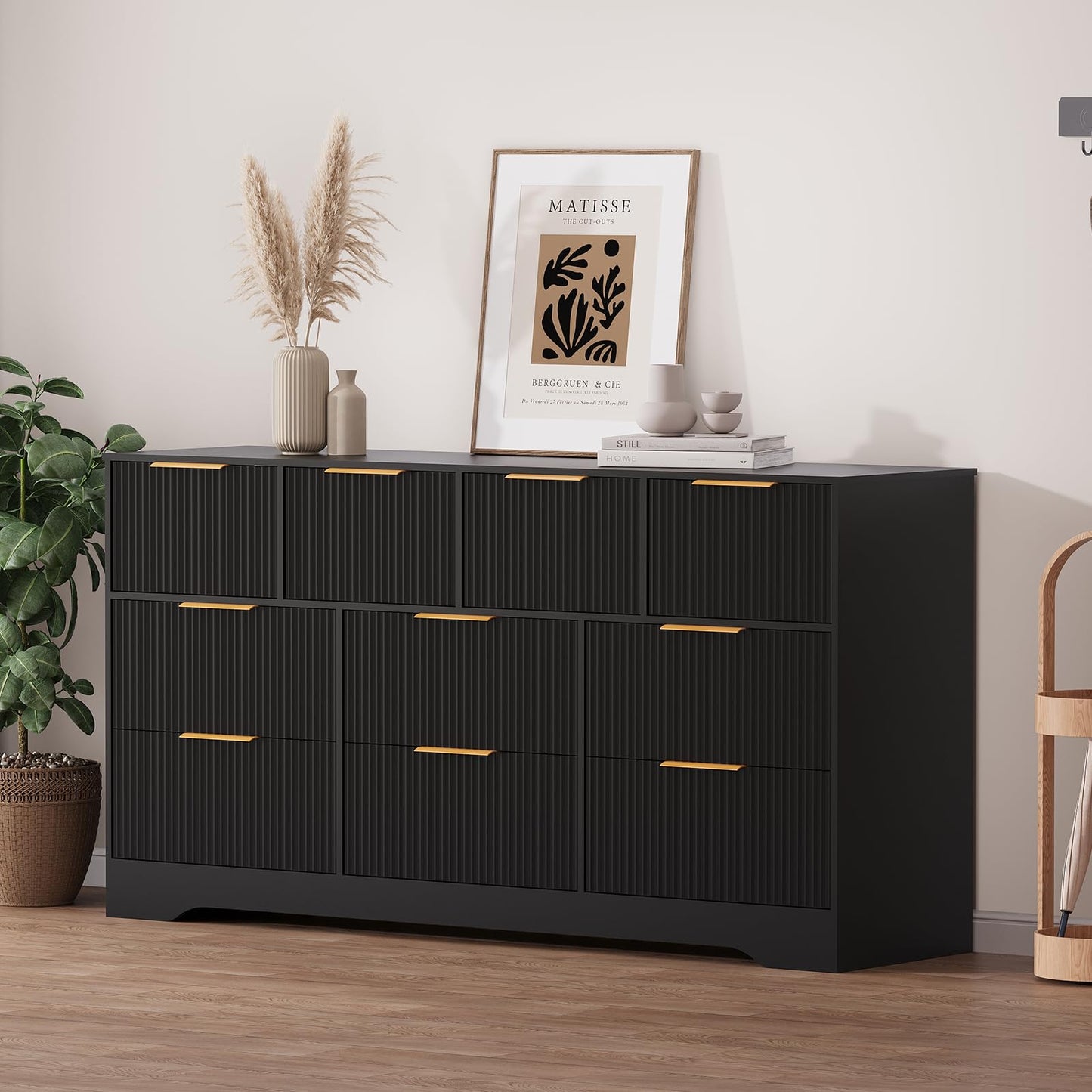 Patikuin 59" Fluted 10 Drawer TV Stand, Wooden Dresser TV Stand with Organizer Storage for Living Room, Bedroom, Office, Black