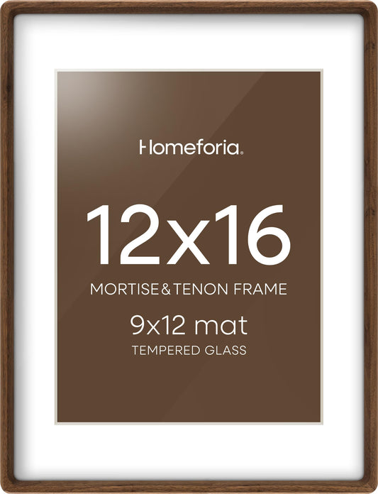 Homeforia Brown Picture Frame 12x16, Mortise & Tenon Walnut 12 by 16 Wooden Photo Frames with Mat 9 x 12 for Wall, 16x12 Dark Solid Wood Frames Matted to 9x12 Print, Tempered Glass, Wall Kit, Set of 1