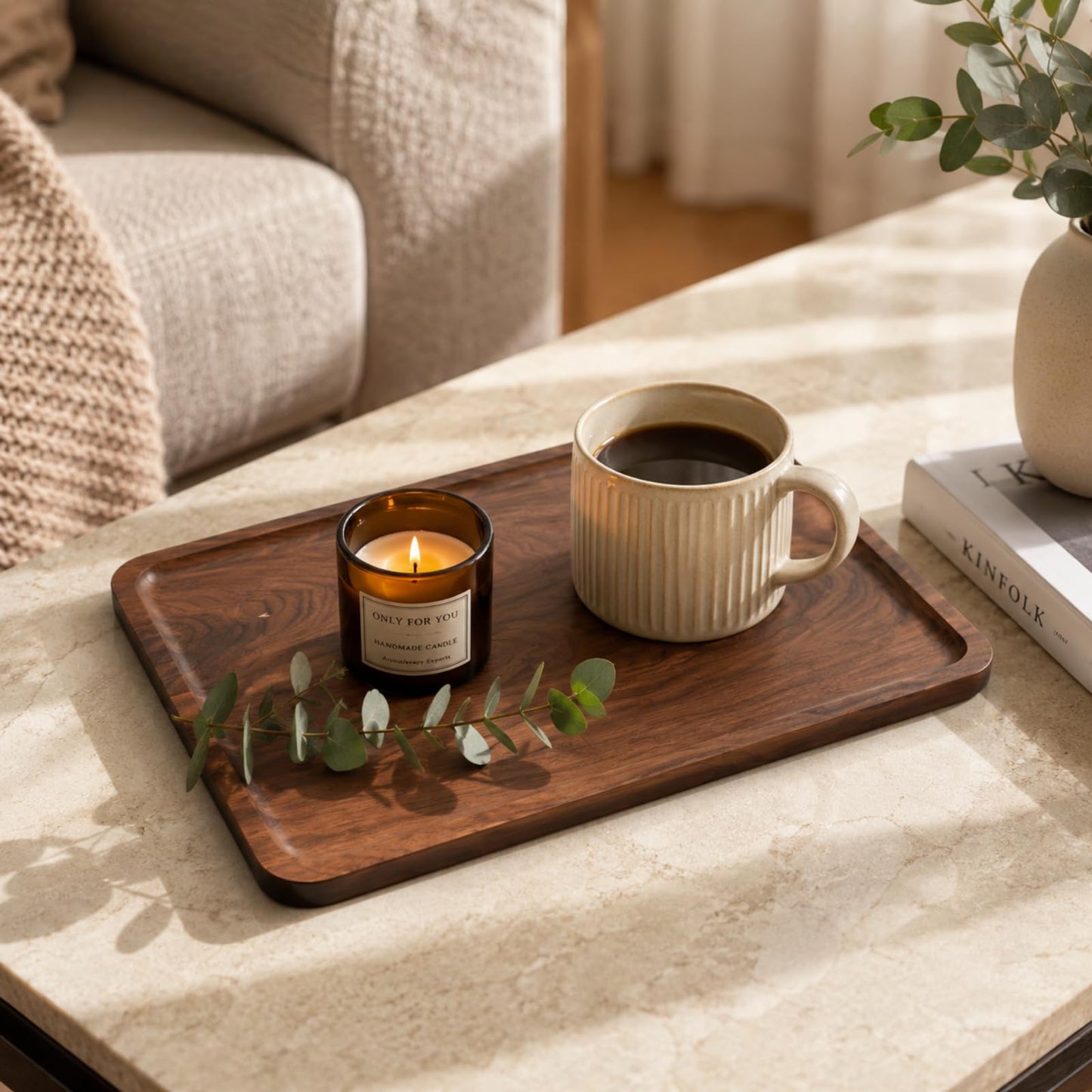 Bamber Wood Serving Tray Wooden Decorative Coffee Tea Platter Black Walnut 13.4 x 9 Inches