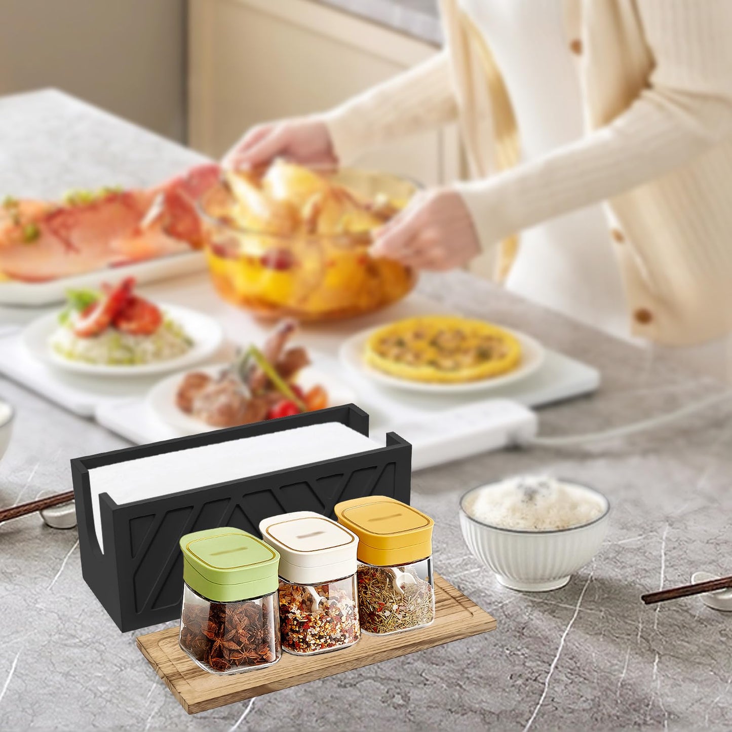 Qivine 2Pcs Paper Towel Dispenser Wall Mount, 2-in-1 Wooden Paper Towel Holder, Toilet Napkin Holder Dispenser with Lid Removable Top Tray for Bathroom Kitchen Decor Home and Commercial(2, Black)