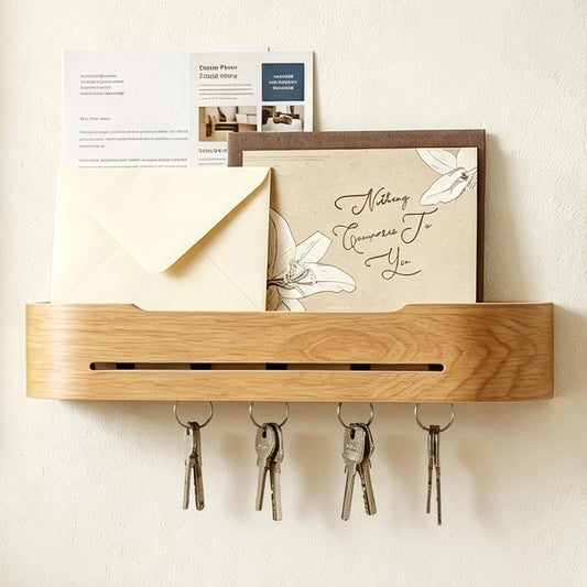 XENARAN Wall Mount Key Holder with 5 Hidden Hooks Modern Key Hanger Rack Wood Hollow Entryway Hook Mail Organizer Tray Shelf Home Decor for Car Key Ring Dog Leash Sunglasses Bags