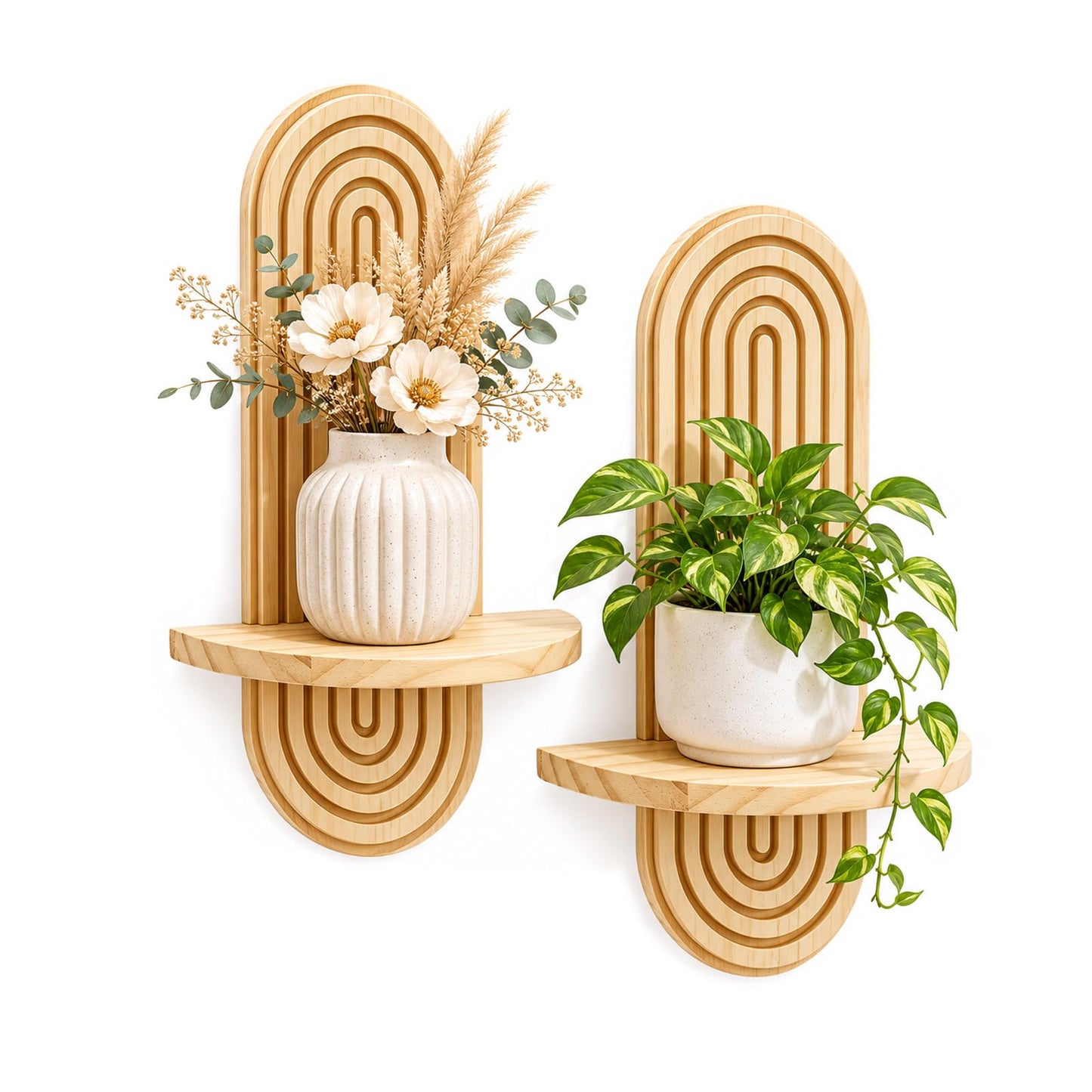 Joyzan Boho Wall Decor Floating Shelves for Wall, Rainbow Arch Wooden Plant Shelf Set Decorative Hanging Modern Small Home Display Living Room Bedroom Bathroom Nursery Plants Candles Holder Planter