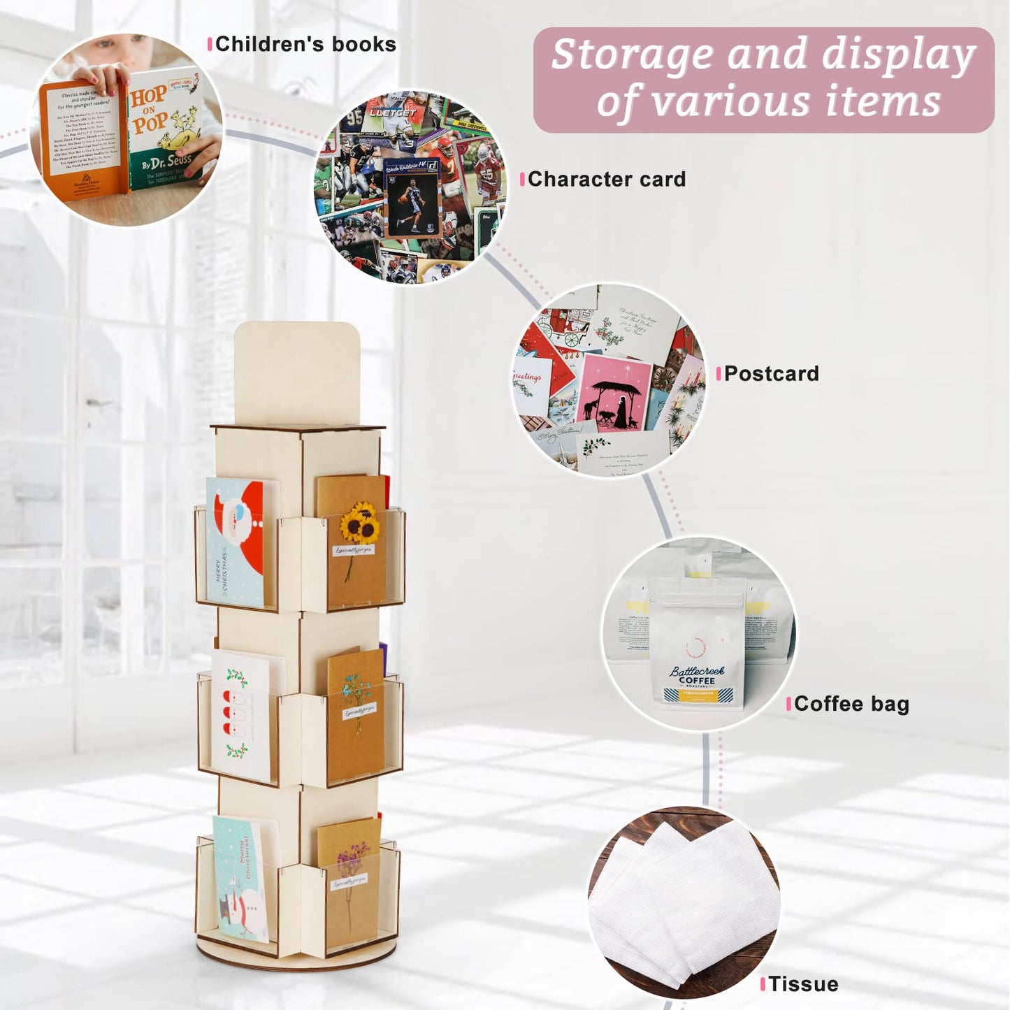 Natheeph Wooden Card Display Rotating Display Stand, 3 Tier Trading Card Display Stand, Greeting Card Display Stand for Vendors Card Collectors, Showing Sports Card, Brochure, Postcards, Sticker