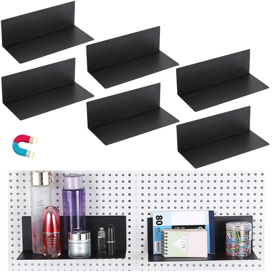 Kokone 6 Pack Magnetic Pegboard Shelves for Storing or Displaying, 10x4.3 Inch Flat Display Shelves for Pegboard, Wall Pegboard Shelves Accessories Steel Tray for Garage Workshop Craft Room Organizer