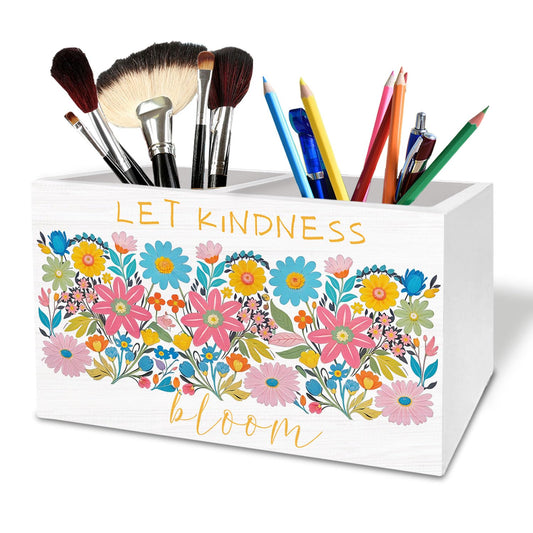 HYKDFMNCJ Boho Floral Mental Health Pen Holder for Desk, Let Kindness Bloom Wooden Box Sign Desk Decor for Therapy Office Classroom Decoration, Psychology Pencil Organizer, Kindness Gifts