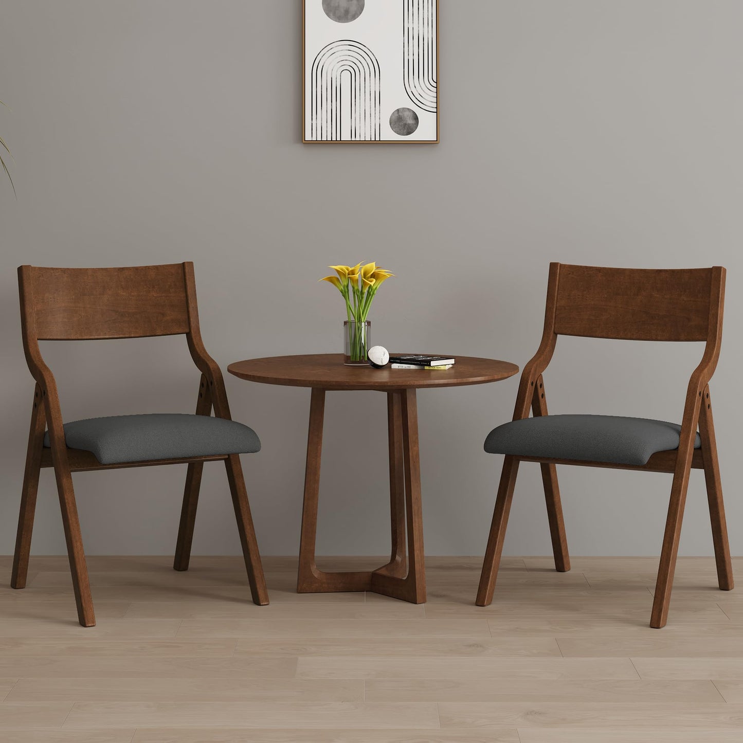 Ball & Cast Upholstered Folding Dining Chairs Set of 2, Foldable Wooden Chair 2-Pack, Portable Office-Chair for Kitchen Outdoor Activity, Easy Carry & Storage, Walnut+Grey