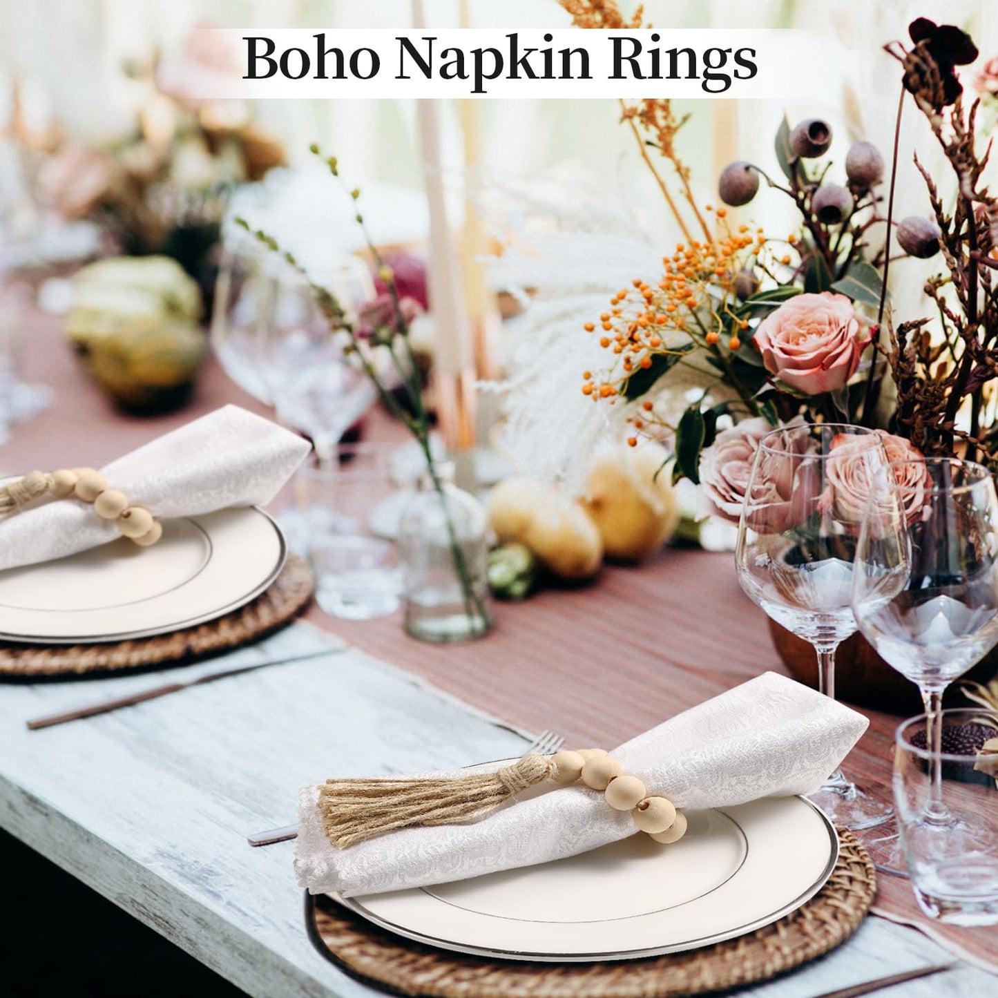 50 Pack Farmhouse Rustic Napkin Rings with Tassel Wood Bead Rings for Table Decor Boho Wedding Party Dining Spring Banquet