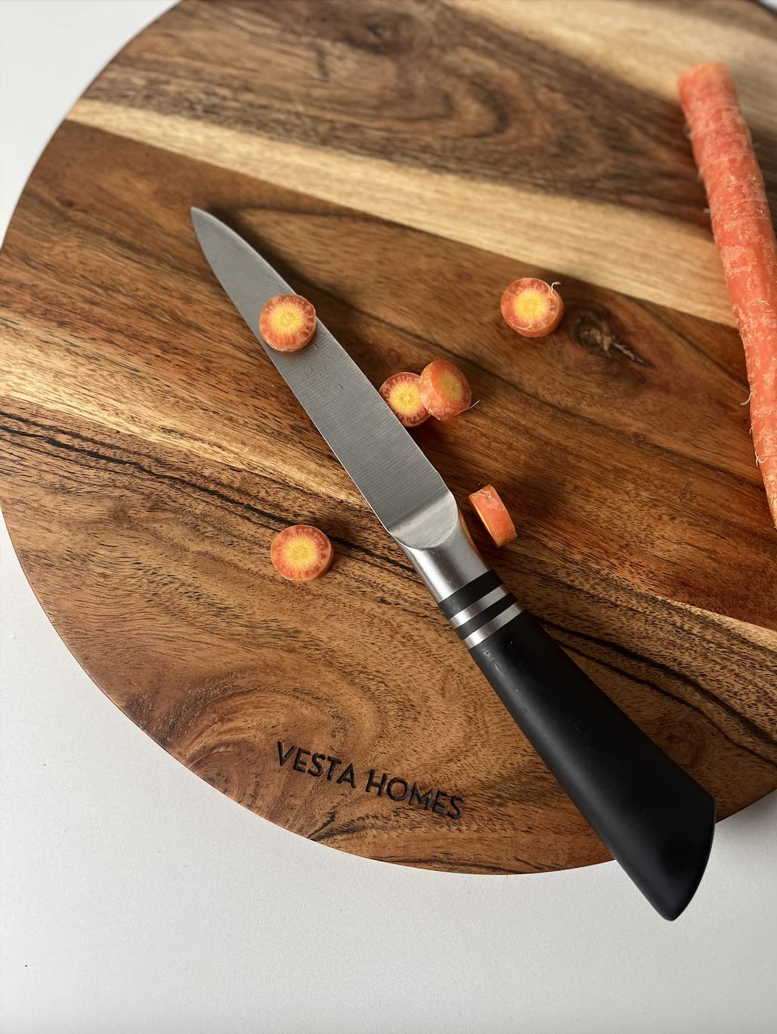 Vesta Homes Wooden Round Chopping Board/Cutting Board/Serving Board, Plate for Pizza, Vegetables, Fruits and Cheese Acacia Wood 11.5 x 11.5 Inches Handcrafted Natural