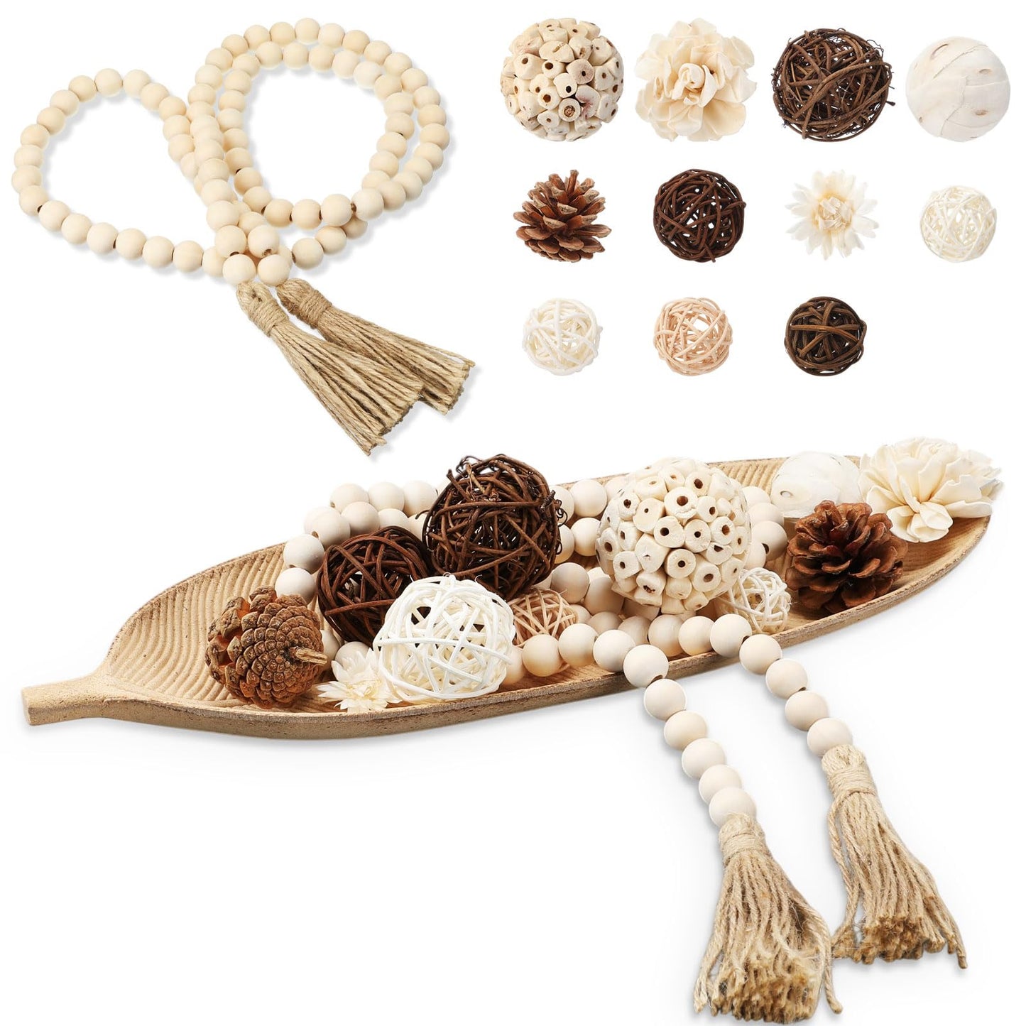Acellegic 14 Pcs Wooden Centerpiece Table Decorations 16 Inch Leaf Shaped Wood Dough Bowl with Wicker Rattan Balls Beads String Decorative Tray Rustic Vase Bowl Filler for DIY Farmhouse Home (Rustic)