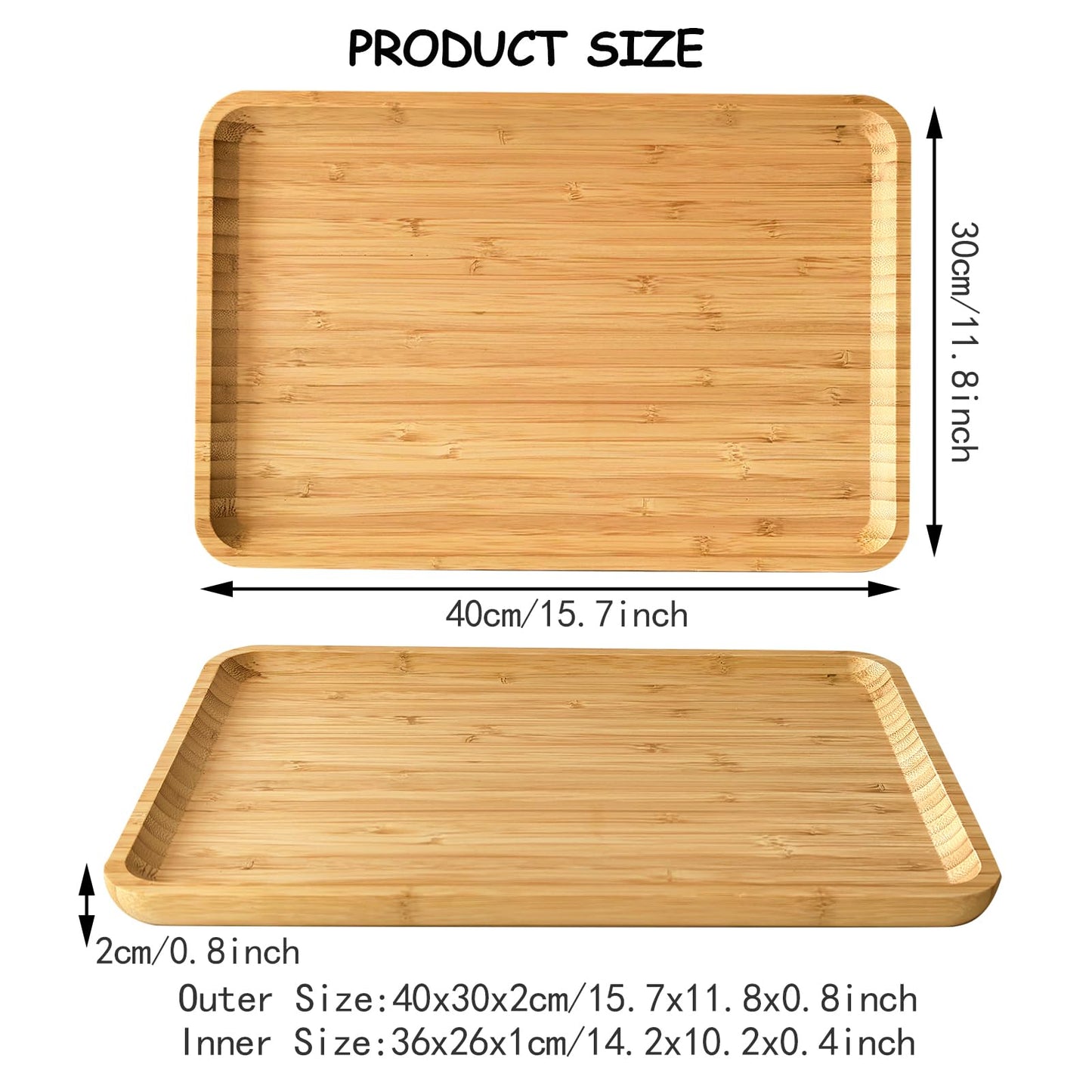 Bamboo Serving Tray Rectangle Platter Breakfast Dinner Food Bed Tray for Eating Kitchen Restaurants (1, 15.7" x 12.8" x 0.8" (no Handle))