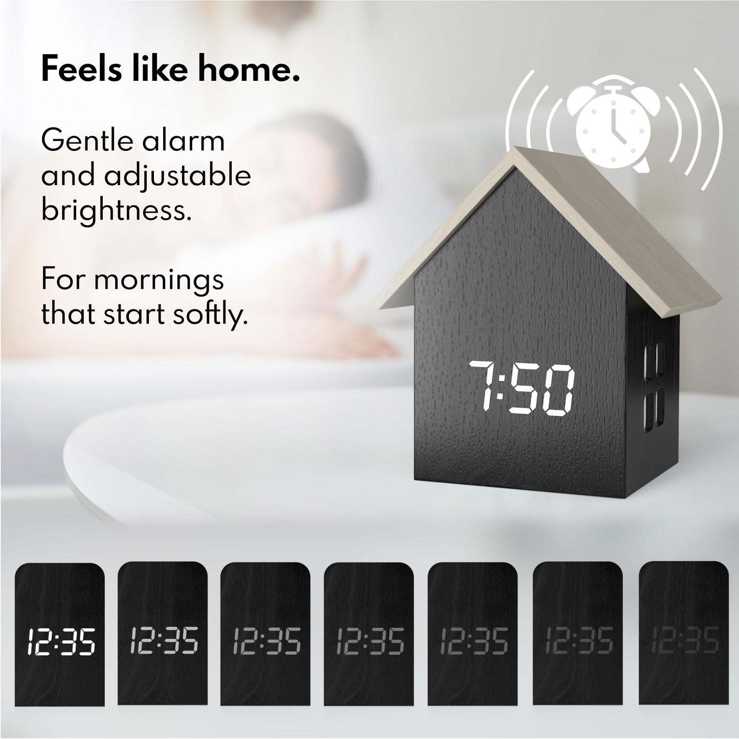 Driini Digital House Shaped Alarm Clock with Temperature Display (Dark Wood) – Modern Aesthetic with Cute Cube Frame and White LED Dimmer - Perfect Small Desk Clock for Bedside Table or Bedroom Mantle