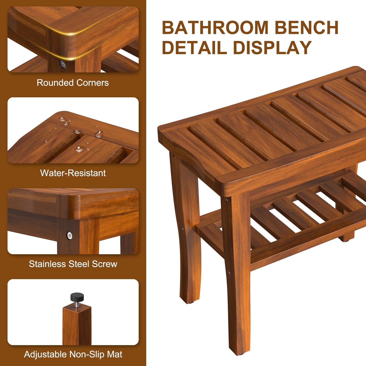 Teak Wood Shower Bench Stool with Storage Shelf, Wooden Waterproof Bathroom Spa Bathing Teak Shower Stool with Non-Slip Feet Gadget 2024 for Indoor or Outdoor Shower Chair Seat Organizer