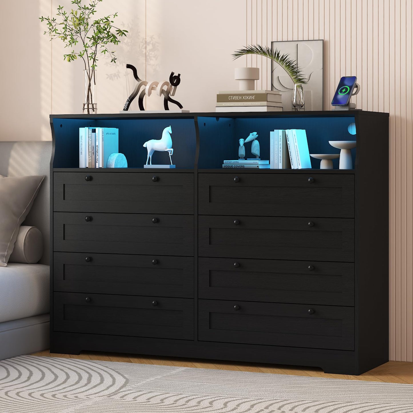 Garvee 8 Drawer Wooden Dressers for Bedroom with LED Lights, Charging Station & Open Shelf, Black Wood Chest of Drawers, Farmhouse TV Stand Dresser for Living Room, Hallway, Entryway Fit 65 inch TV