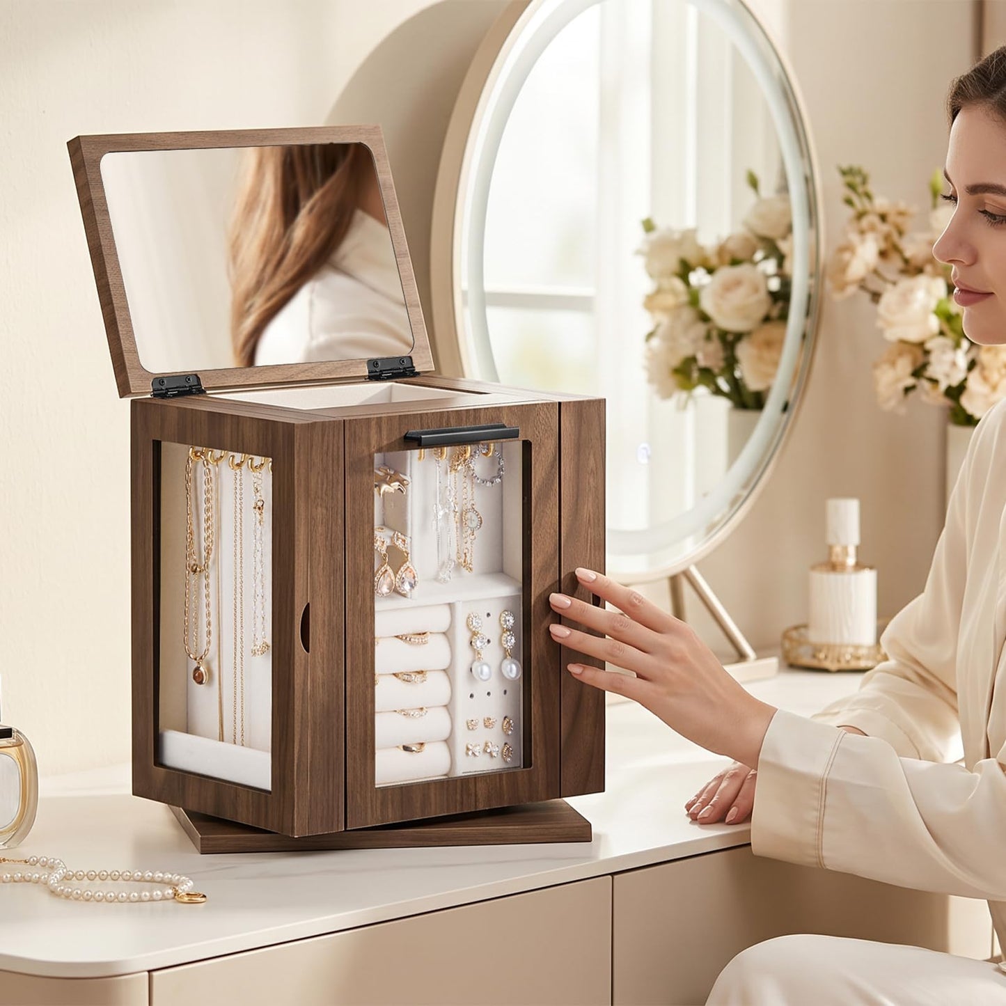 HOOBRO 5-Tier Jewelry Box, Wooden Jewelry Organizer with Transparent Windows and 360° Rotating Jewelry Box with Mirror, Jewelry Organizer with 4 Drawers Bundle, BH19JB04-BH31JB04