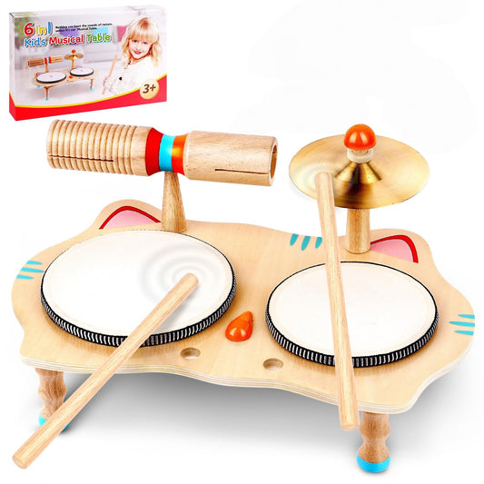 WINGYZ Kids Drum Set, 6-in-1 Wooden Musical Instrument Table