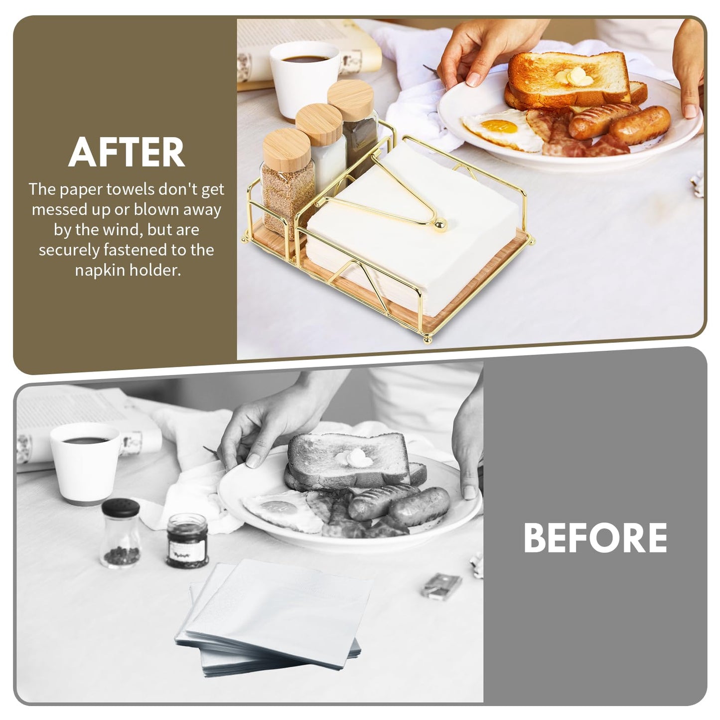 4 Piece Set Metal Napkin Holder with Salt and Pepper Shakers,Wooden Base,Modern Flat Gold Napkin Holder for Table,for Kitchen Table Decor,Cocktail,Bathroom,Party(Gold)