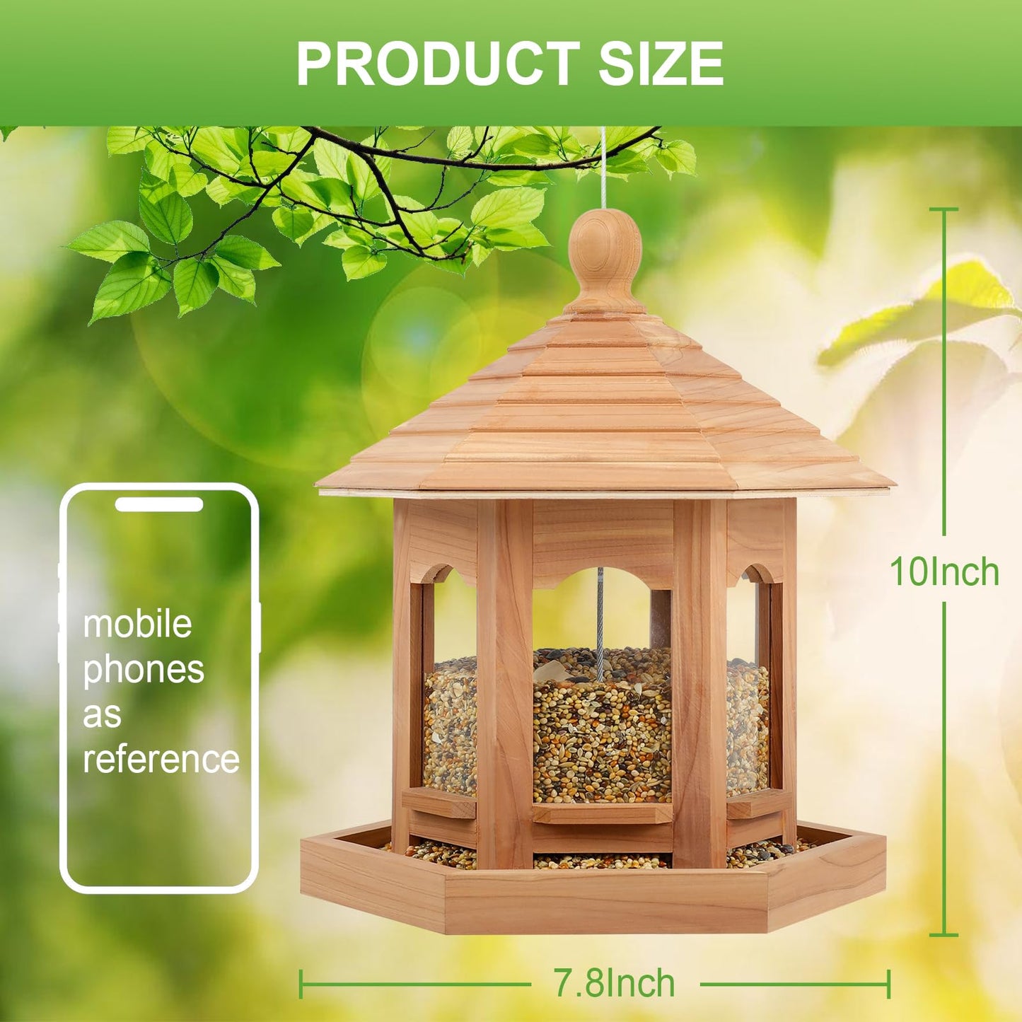 Liawm Wooden Bird Feeder for Outdoors Hanging, Red Cedar Hexagon Shaped Large Capacity, Cardinal Birdfeeder for Garden Decoration Yard, Weatherproof and Durable(Medium)