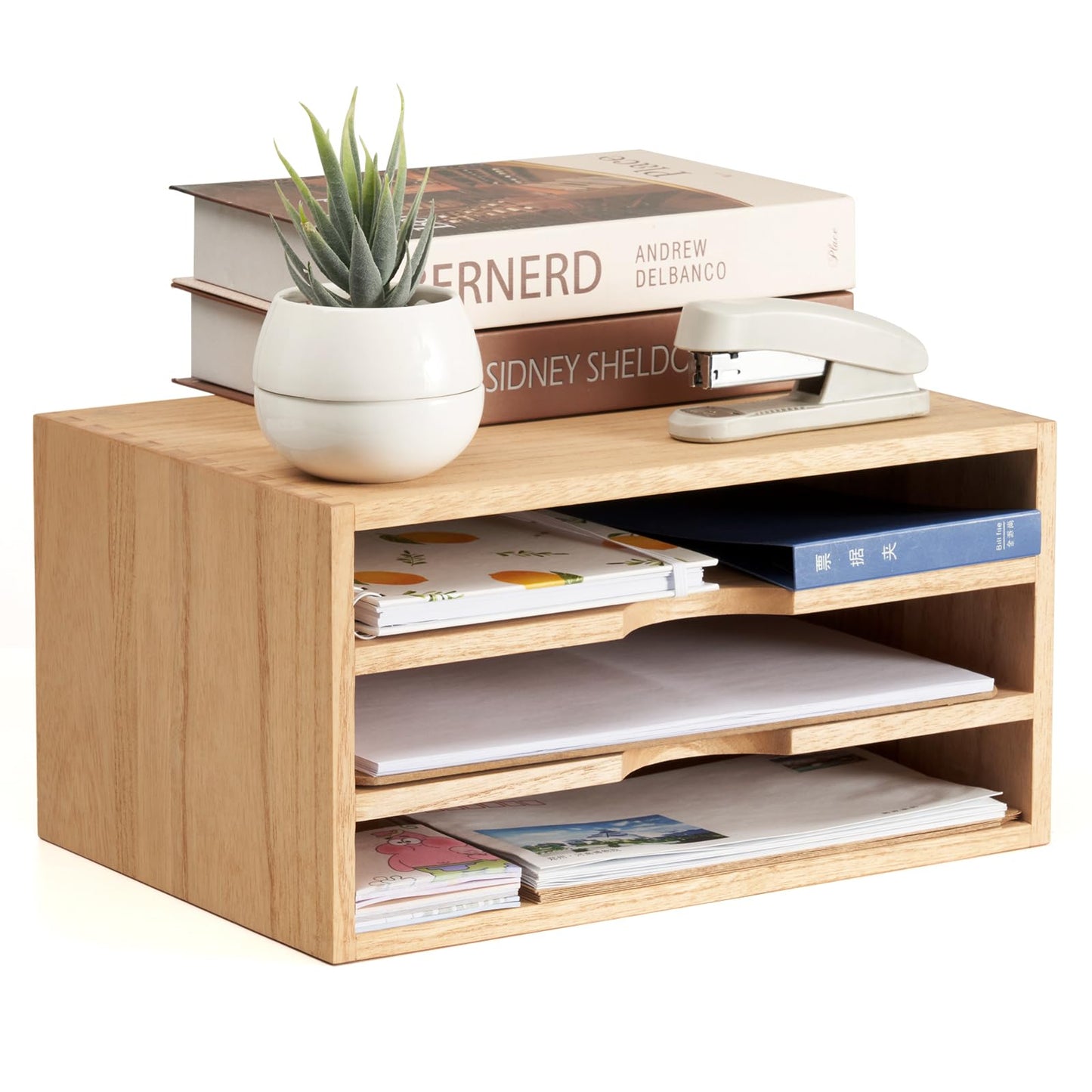 KIRIGEN Wooden Desktop Organizer, 3 Tier Solid Wood Letter Tray and Paper File Sorter for Desk, Freestanding Office Document Holder for Mail, Magazines, Folders, Natural 3KWJG-NA