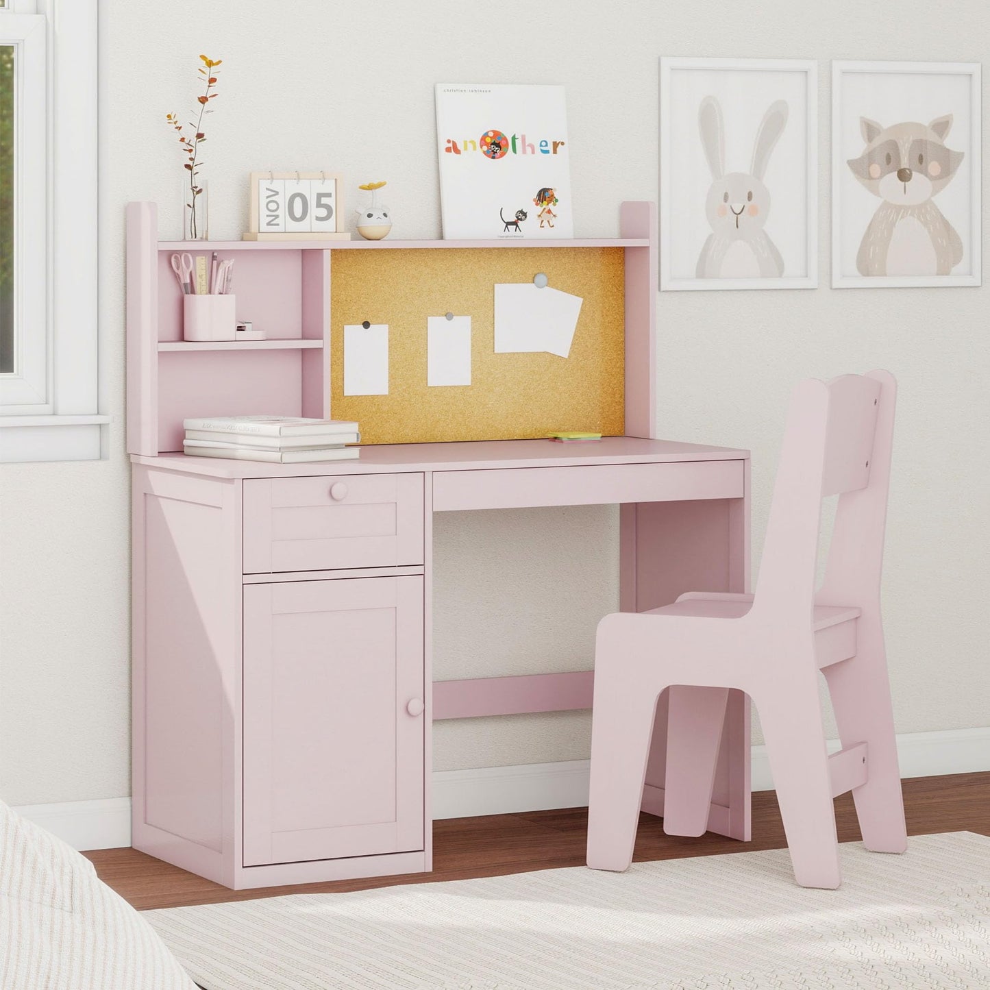 FTZxHKLX Kids Study Desk with Chair, Children Study Table and Chairs for 5-12 Years Old, Wooden Kids Desk and Chair Set with Hutch and Storage Cabinet for Bedroom, Study Room, Pink