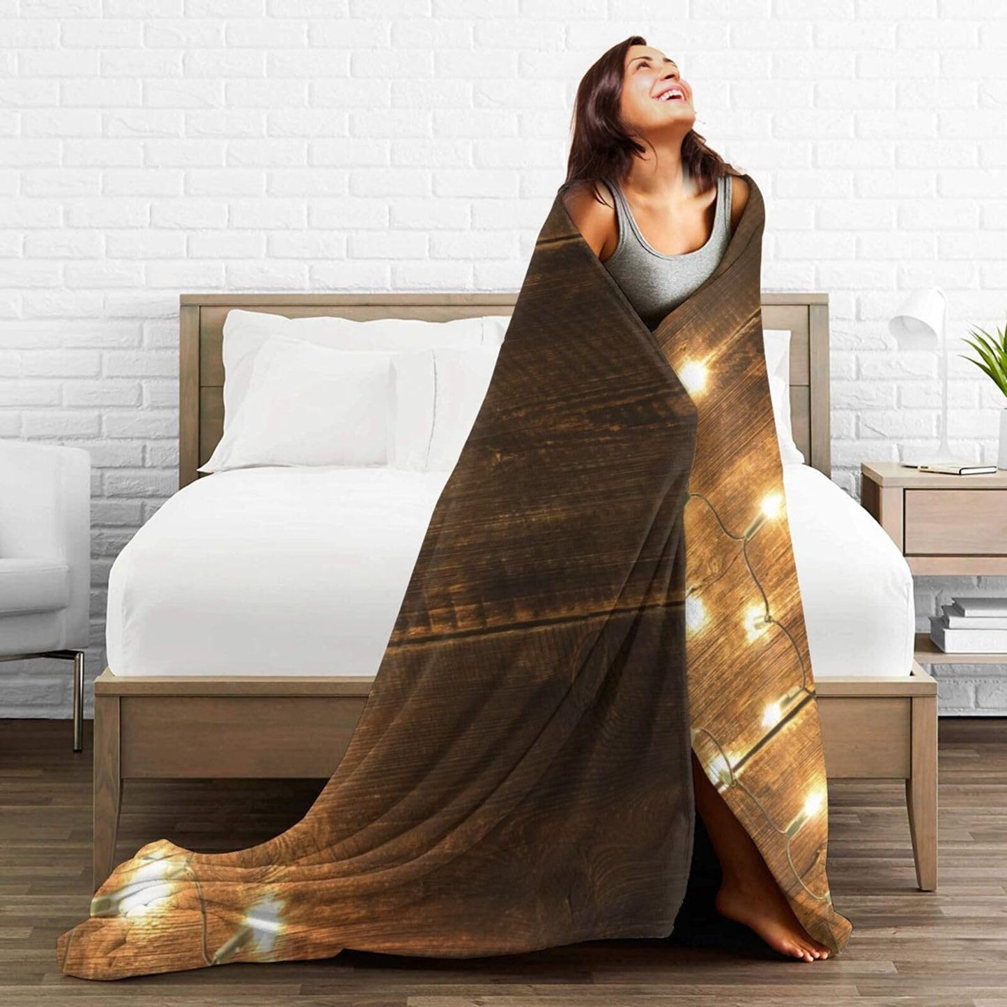 50"X40" String Lights On Wooden Soft Flannel Blanket - Lightweight and Quick Drying, Used for Home, Travel, Camping