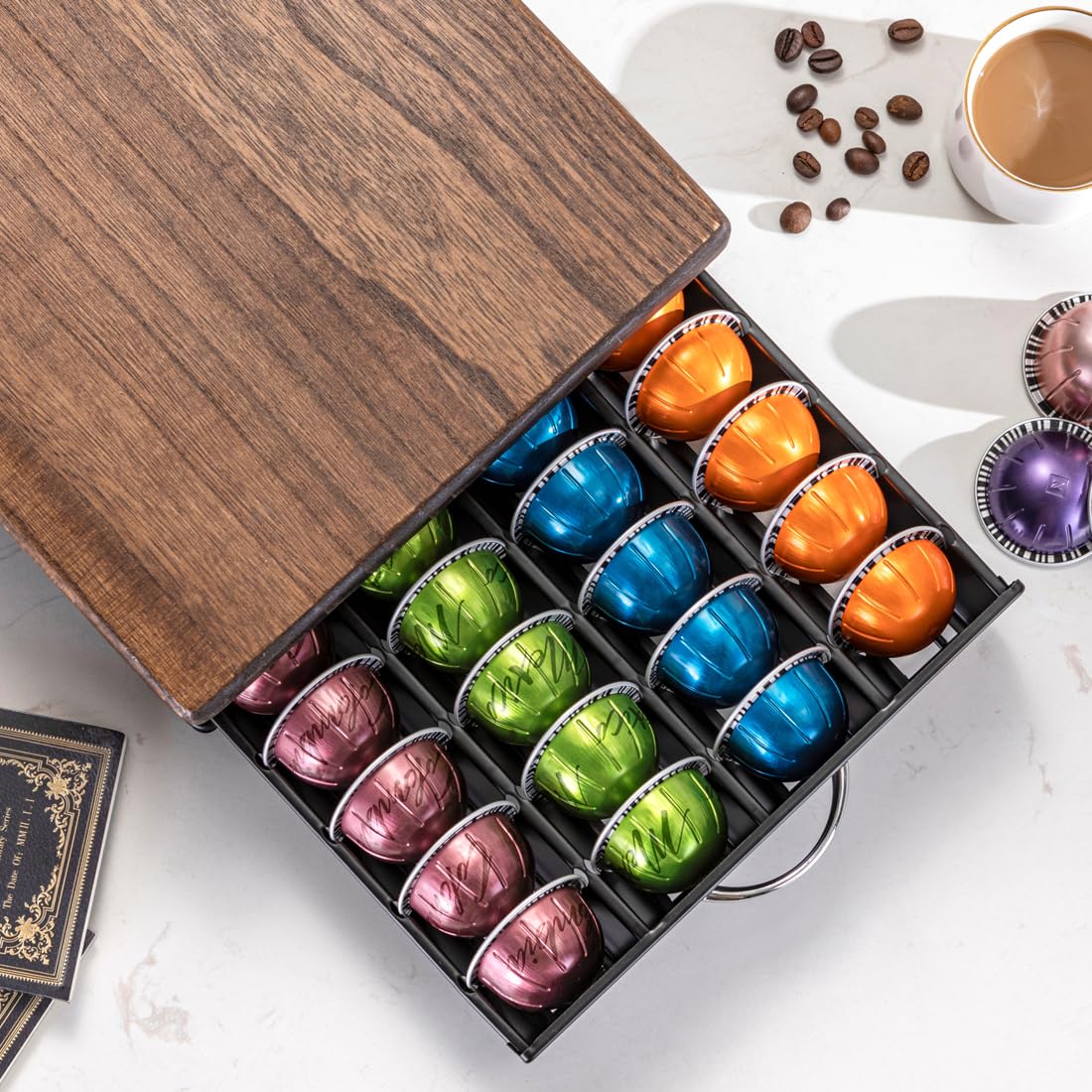 FlagShip for Nespresso Pod Drawer Vertuo Pod holder Coffee Pod Organizer Modern Style And Coffee Machine Stand Wood Top(40 Pods Capacity)