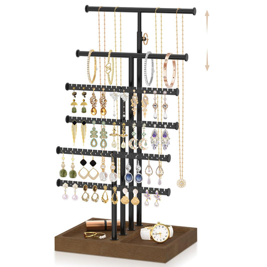 EsLuker.ly Necklace Earring Holder Organizer Display, Adjustable Jewelry Tree Stand with Stable Wooden Storage Base for Women Vendors, 6 Tier Large Bracelet Bangle Rack Tower, Stress-Free Mornings