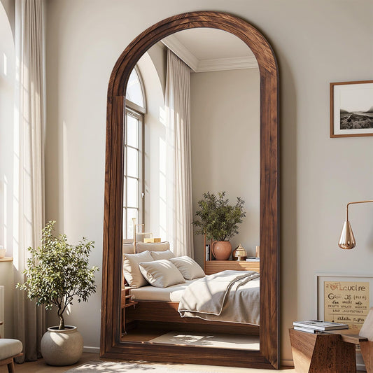 Antok Full Length Mirror with Solid Wood Frame, 76"×34" Wall Mounted Oversized Floor Mirror with Stand, Leaning Standing Hanging for Bedroom Living Room Entryway, Walnut, Arched Syle