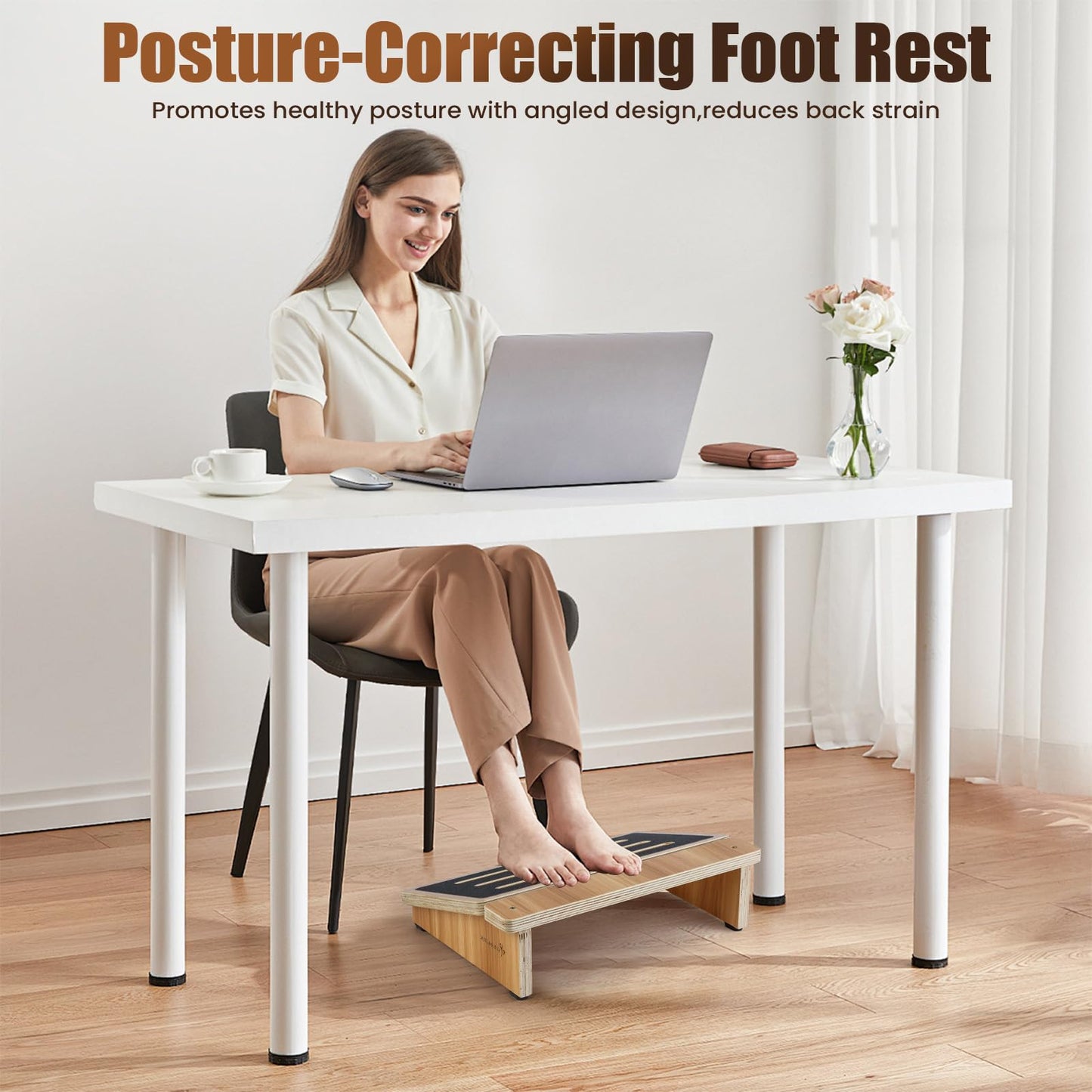 StrongTek Wooden Footrest Set, Adjustable Double-Step Foot Stool + 4" Ergonomic Under Desk Footrest, Cushioned & Non-Slip Design for Posture, Comfort & Circulation, Ideal for Office & Home