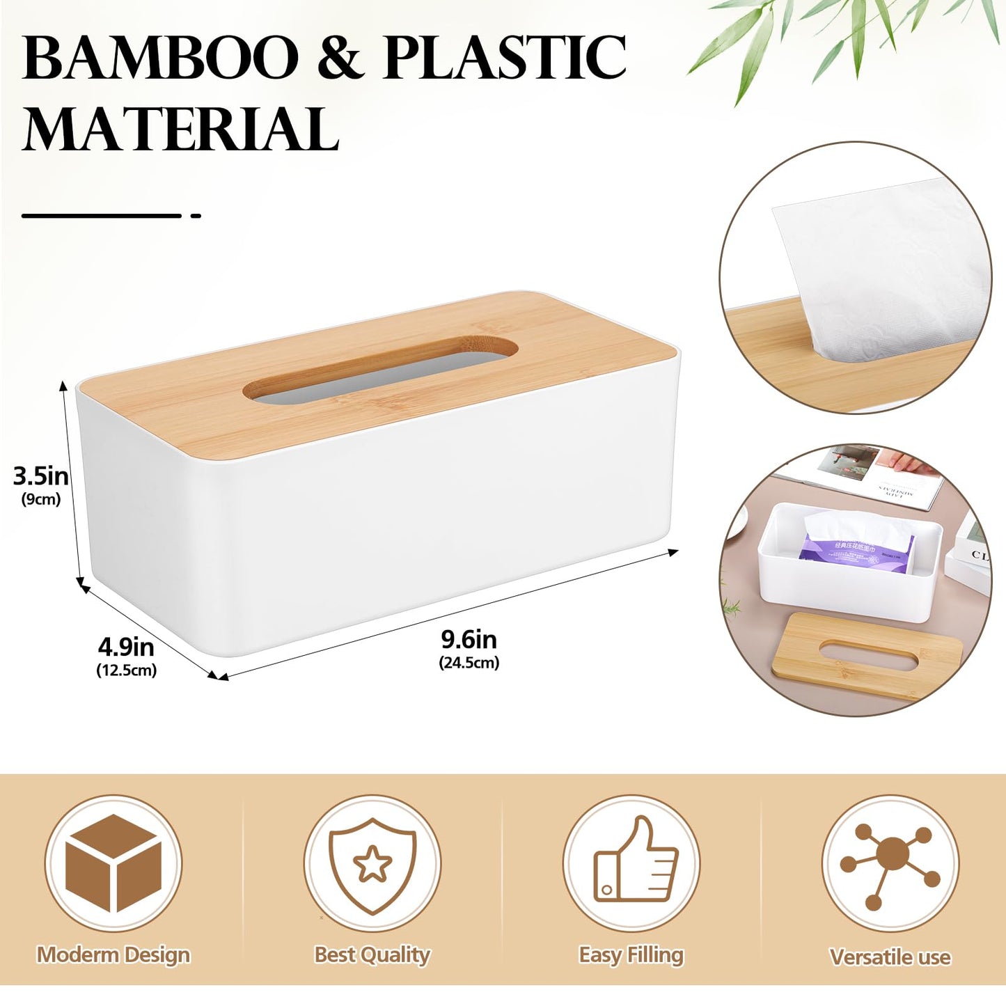 Teenyyou 2 Pcs Tissue Box Cover Square Plastic Tissue Holders 5x9 Inch Holder Wood Cover Plate for Bathrooms, Kitchen, Office, Home, Bedroom Dresser, Countertop(White)