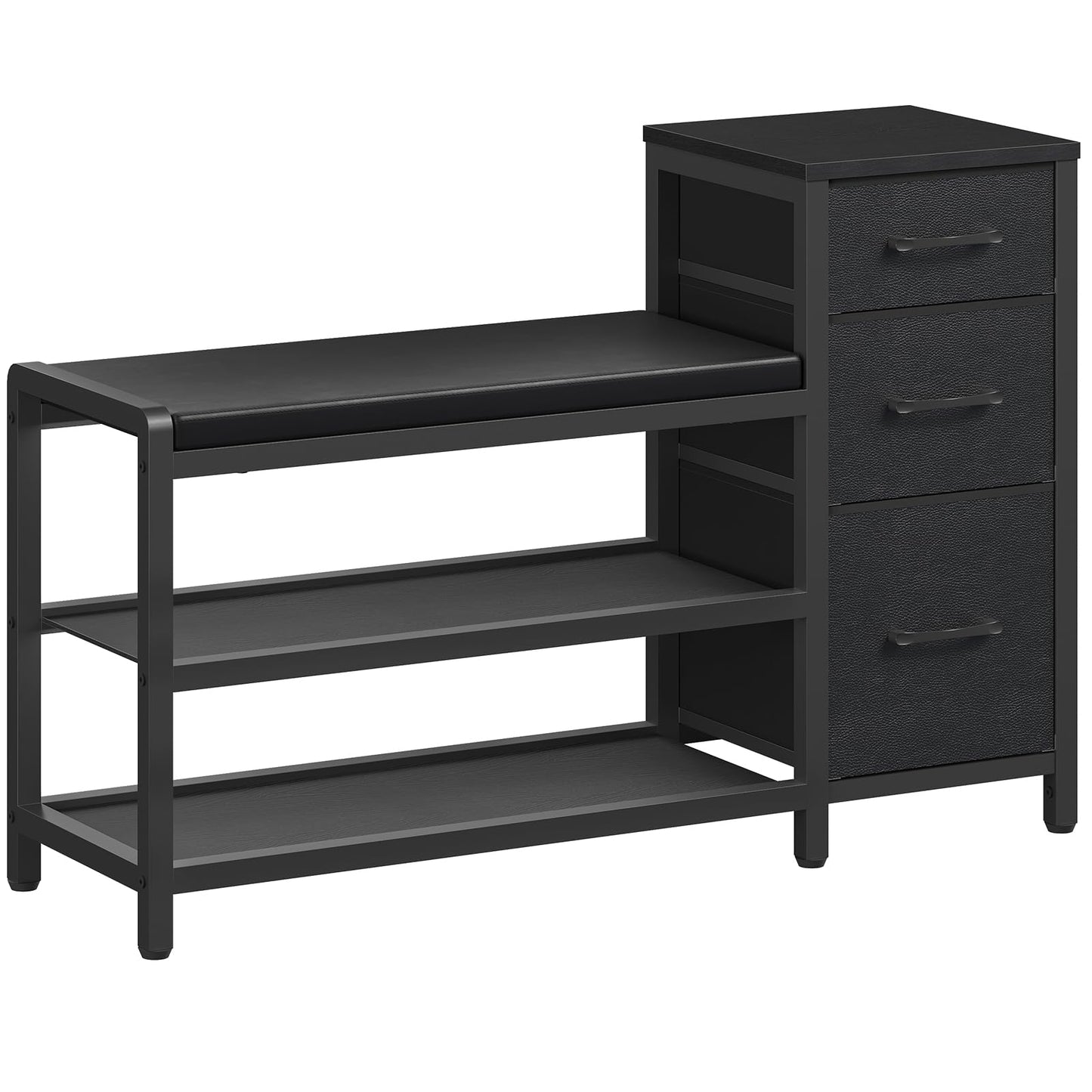 YATINEY 12-Tier Tall Shoe Rack and Entryway Bench with Shoe Storage, 3-Tier Shoe Rack Bench with Wooden Shelves and 3 Non-Woven Drawers, PU Padded Shoe Storage Bench SS212BR-HX07BB