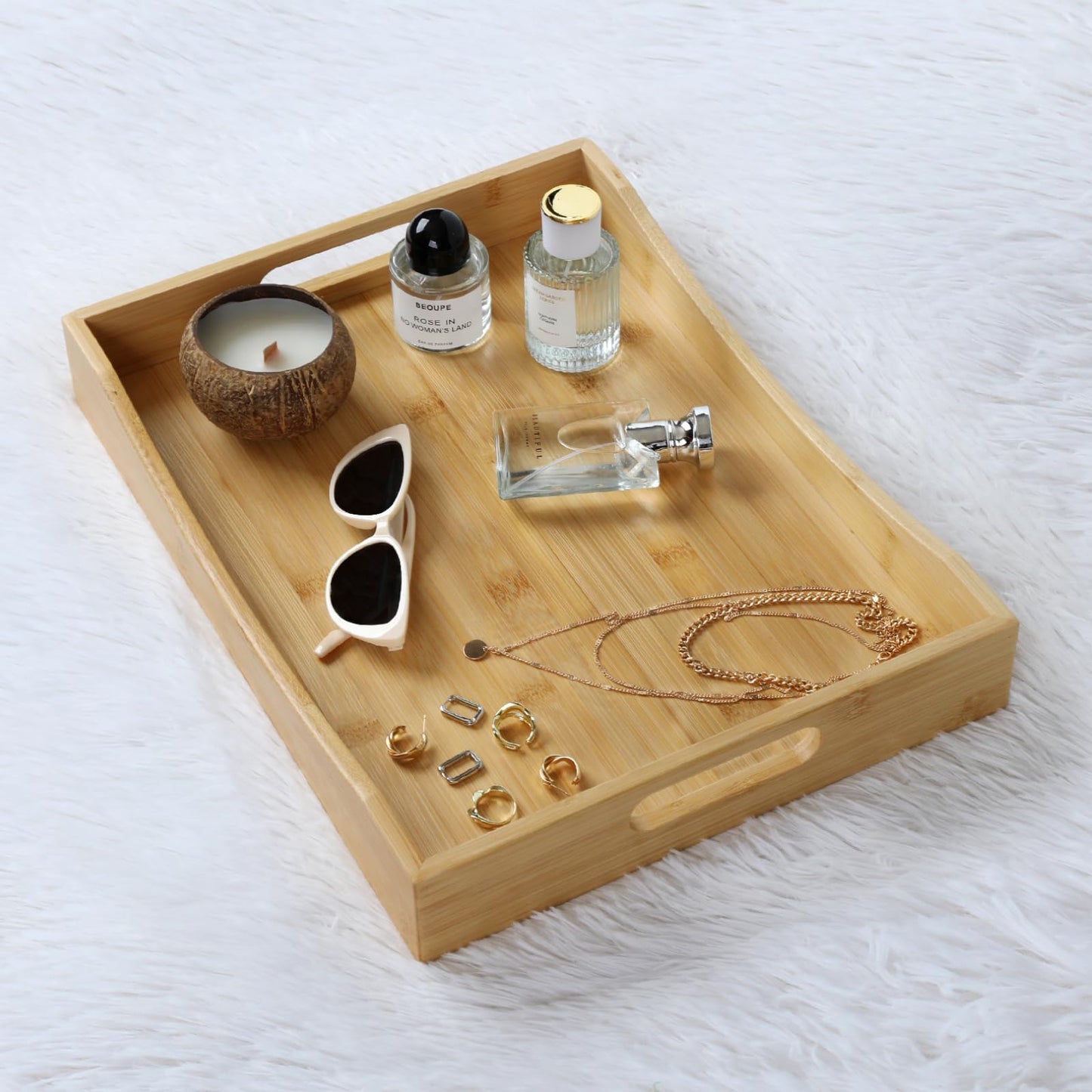 Gobam Bamboo Serving Tray with Handles (16.5-Inch), Solid Decorative Wood Tray for Ottoman Coffee Table, Natural Rectangle Breakfast in Bed Tray for Eating, Food and Drinks Platter