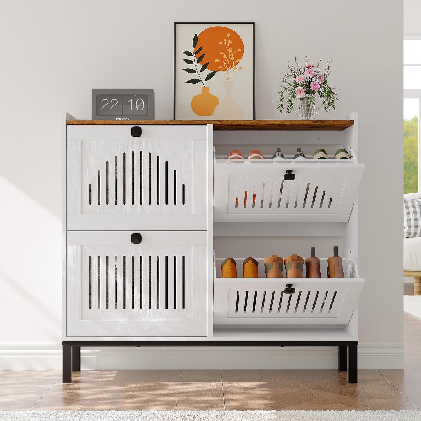 Garvee Shoe Cabinet with 4 Flip Drawers, Freestanding Shoe Organizer with Adjustable Shelves & Sturdy Legs, Narrow Wooden Shoe Rack for Entryway, Hallway, Living Room, White
