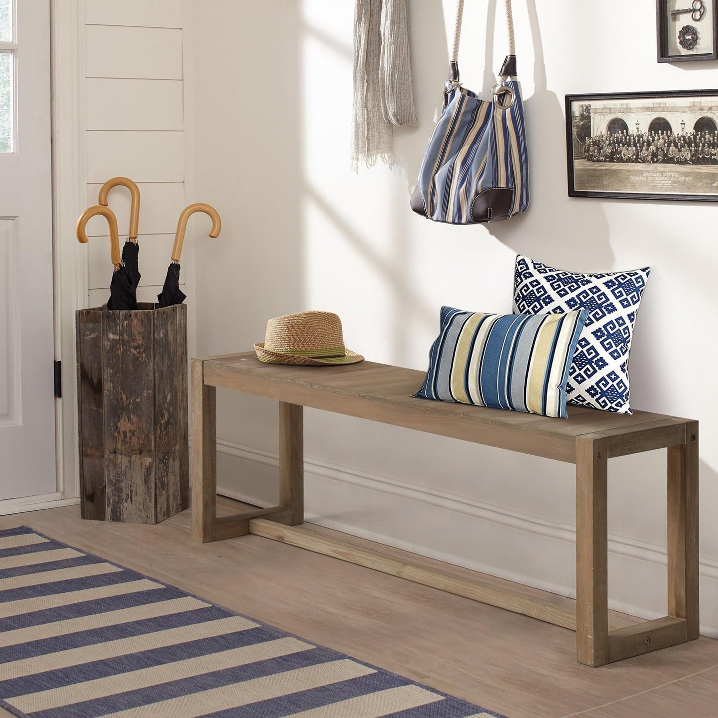 Wnutrees Farmhouse Solid Wood Bench, 43" Line Pattern Splicing Entryway Bench, Narrow Bench Seat for Living Room, Dining Room, Bathroom, Indoors, Natural