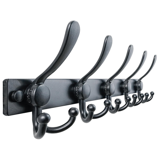 Dseap Coat Rack Wall Mount, Heavy Duty 12-Gauge Base vs Flimsy 1mm, Double-Thick Solid Anti-Snap Hooks, 16” Stud-Mount, Stainless Steel Hanger for Clothes Hat Entryway Closet Mudroom, Black