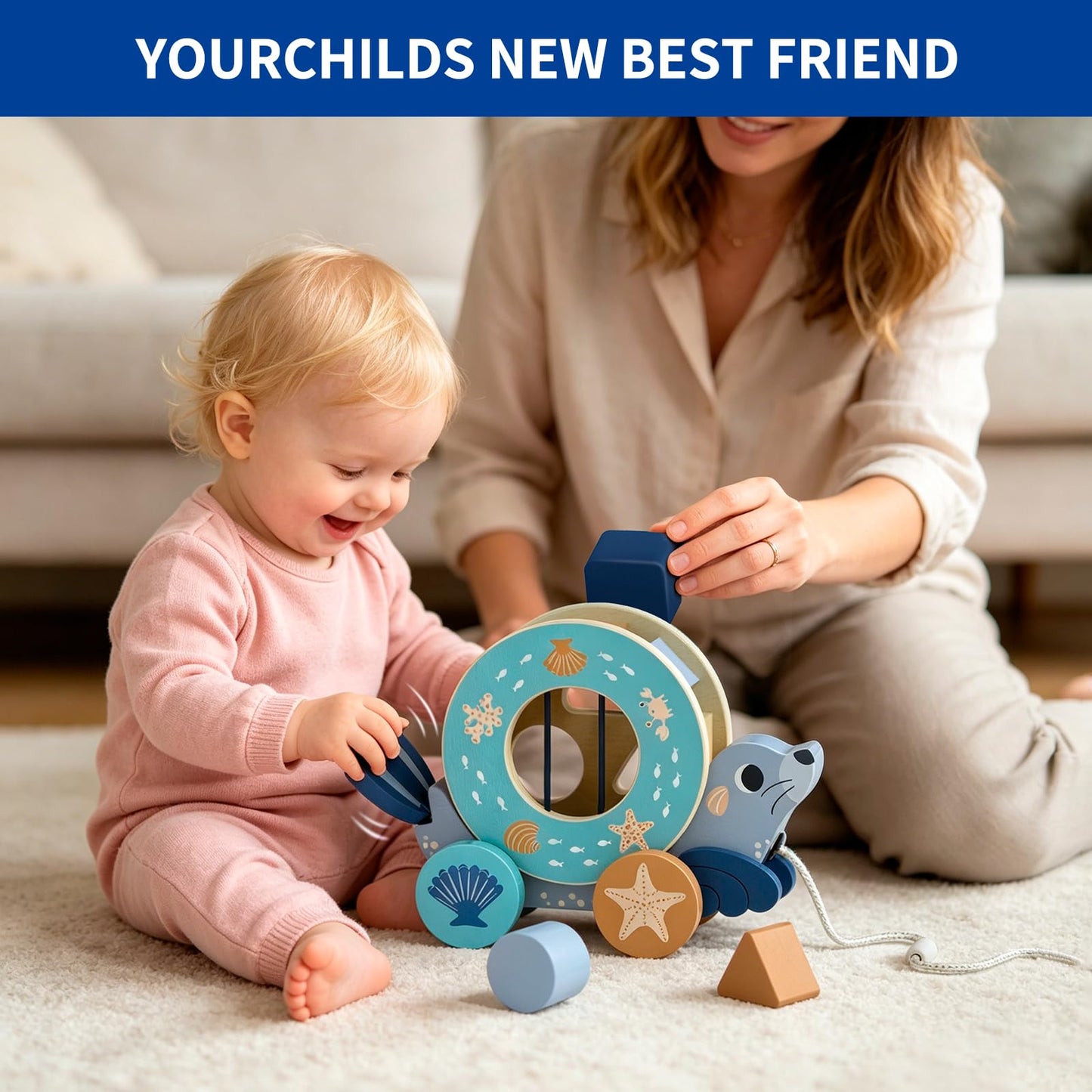 LOVELAND Wooden Seal Pull Along Toy, 3-in-1 Interactive Walker for Toddlers 1-3 with Rattle Ball & Shape Sorter, STEM Educational Push Pull Walking & Crawling Toy for Baby Boy Girl Birthday Gifts